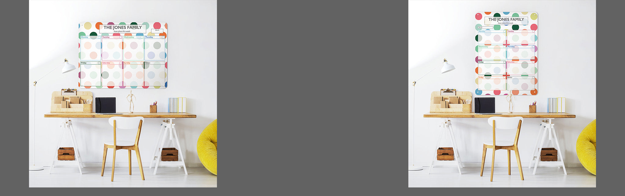 choose from either landscape or portrait versions of our large magnetic notice boards / planners with a dry wipe surface - spots design
