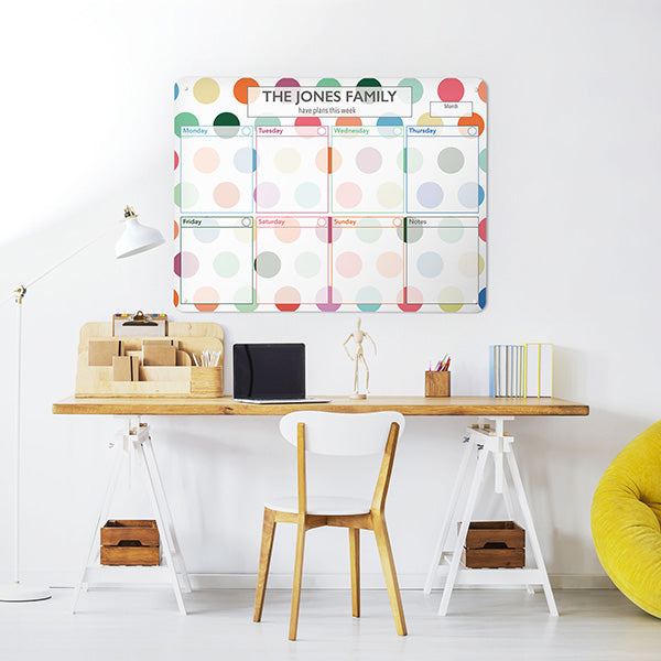 choose from either landscape or portrait versions of our large magnetic notice boards / planners with a dry wipe surface - spots design