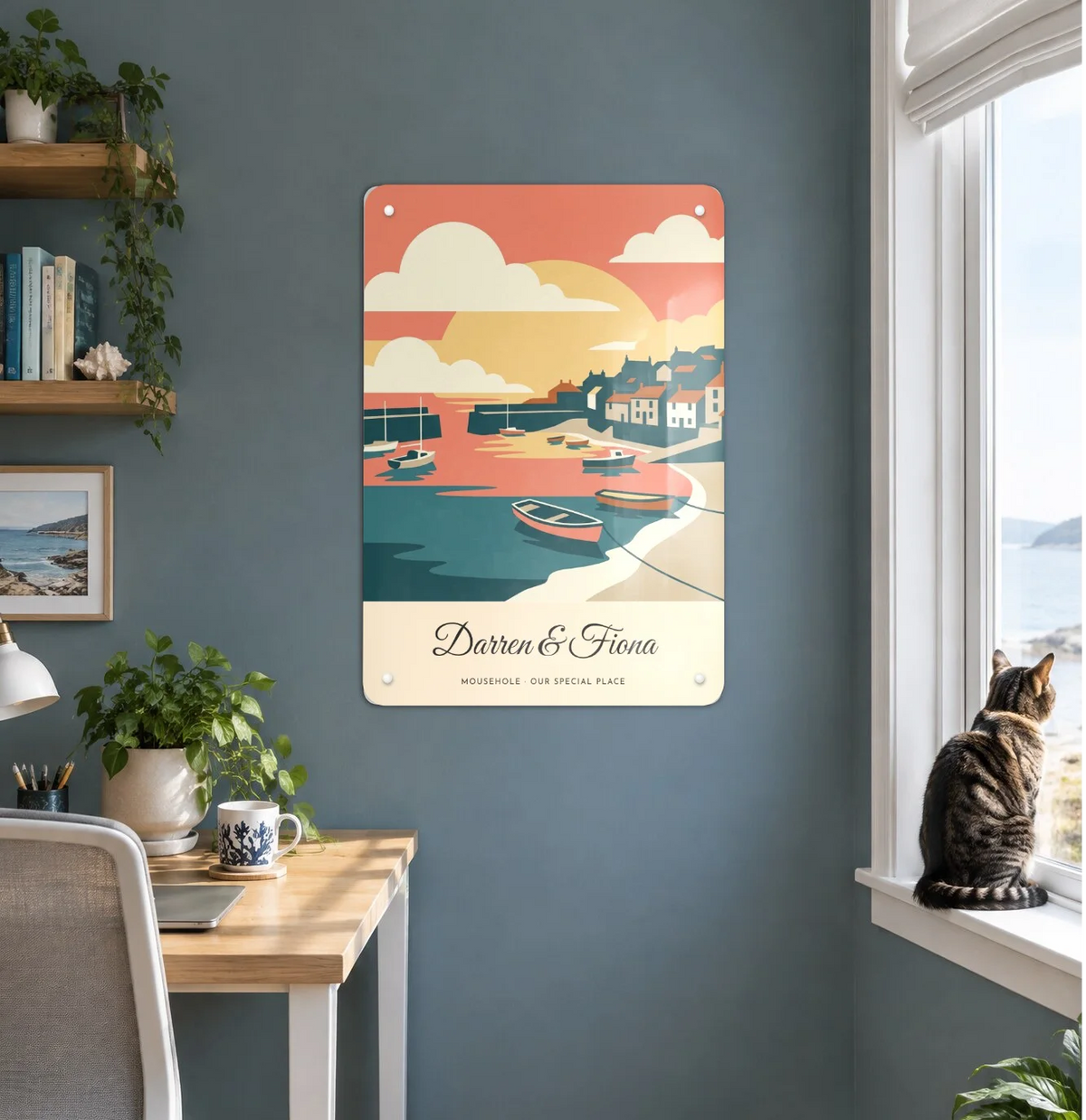 A Mousehole travel poster board personalised for Darren and Fiona, with a cat at the window