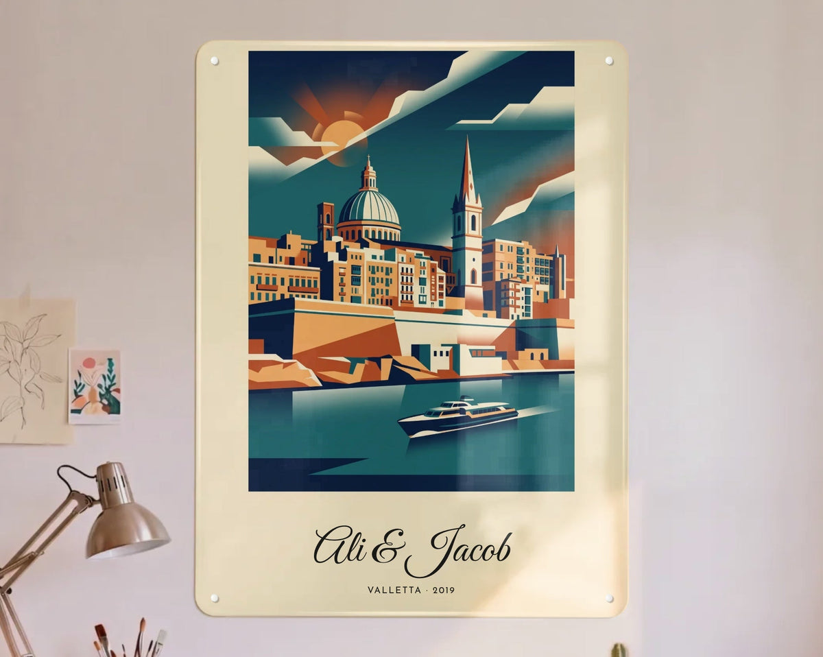 An art deco travel poster board in a studio