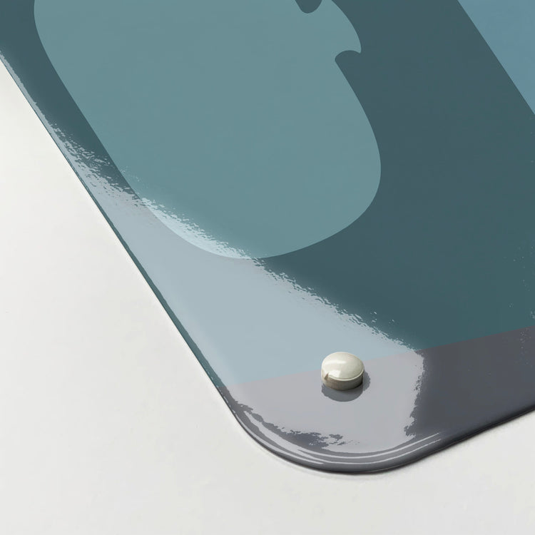 The corner detail of a ten blue bottles design magnetic board to show it’s high gloss surface