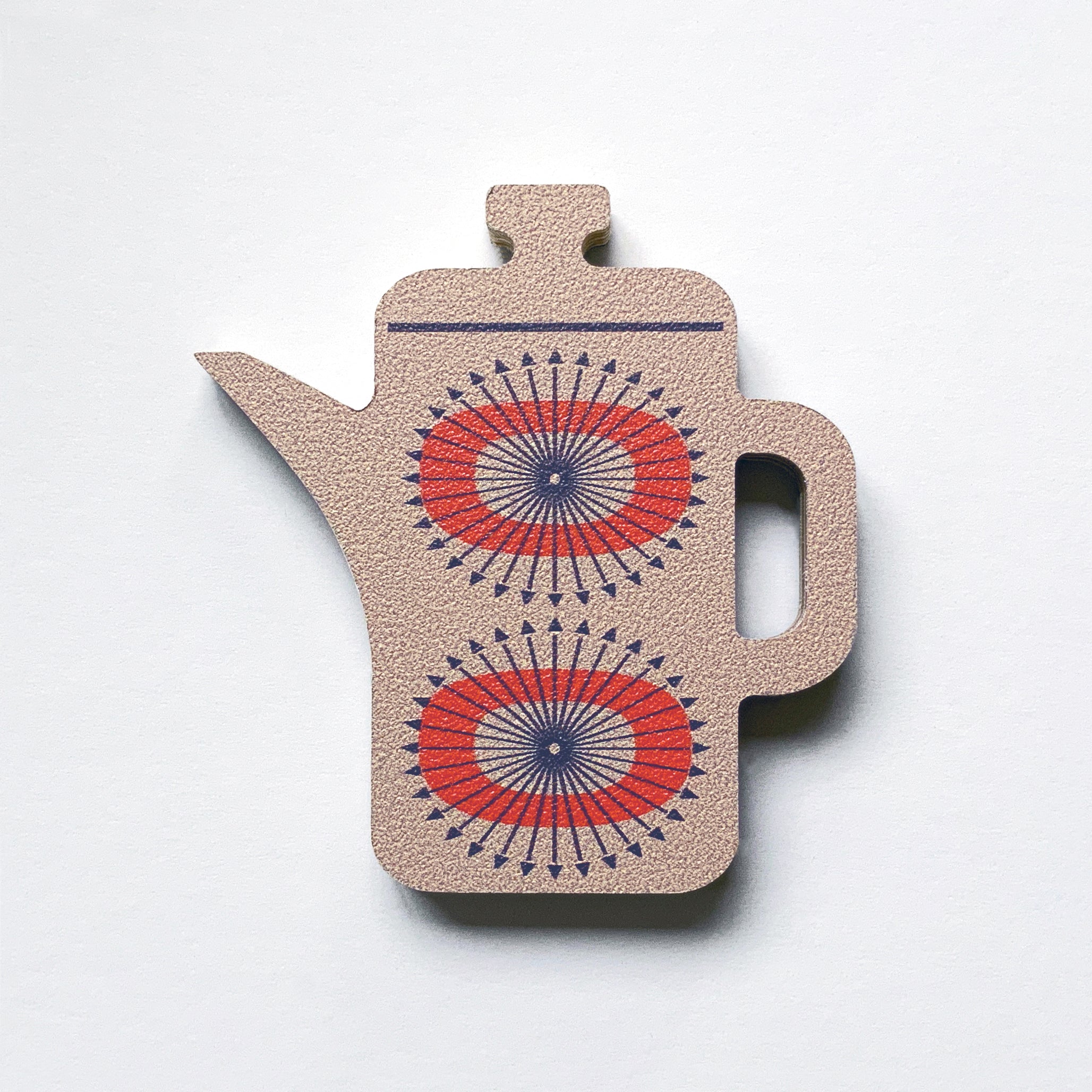 A grey coffee pot shaped plywood fridge magnet by Beyond the Fridge
