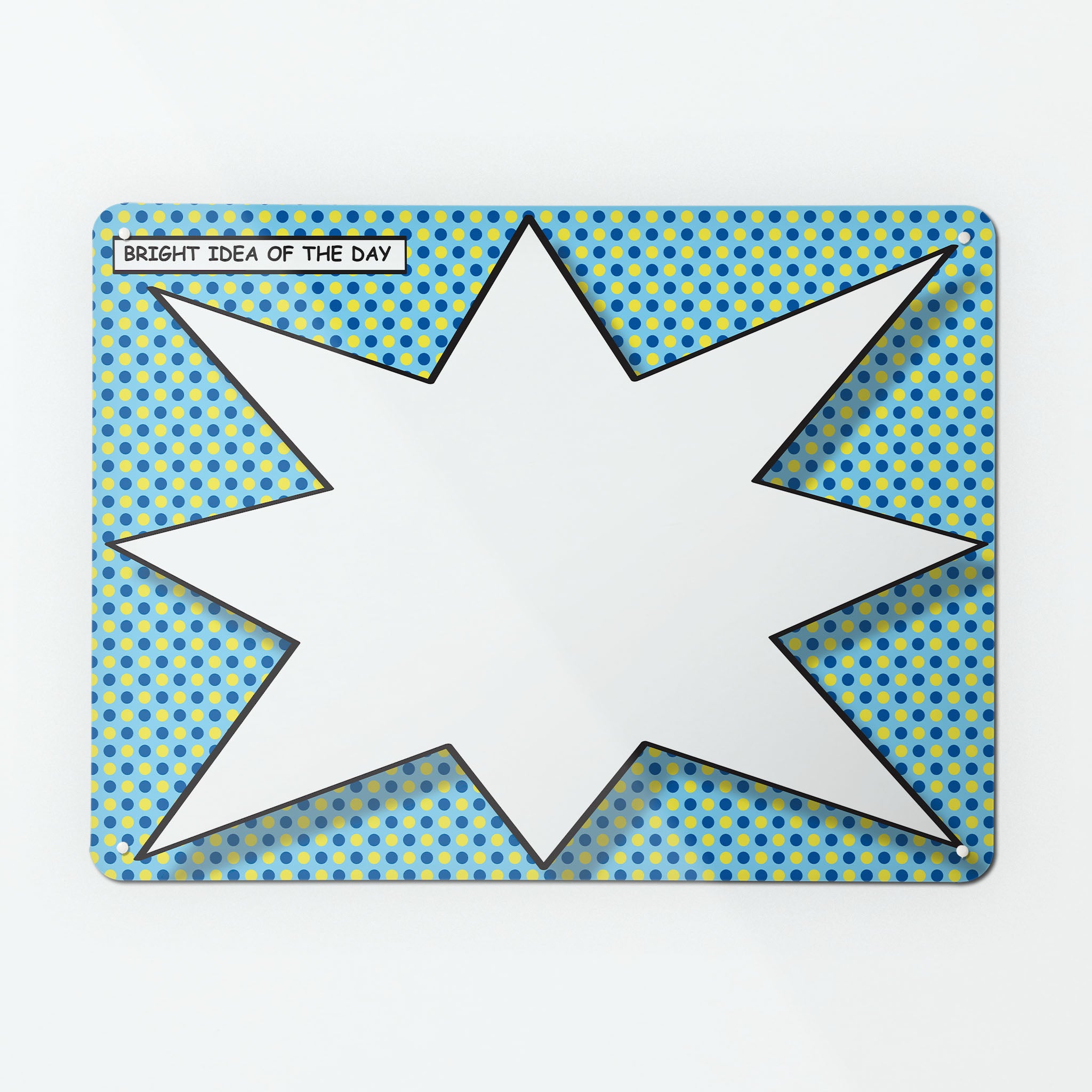 A large magnetic notice board by Beyond the Fridge with a cartoon idea bubble design in white on a blue and yellow background