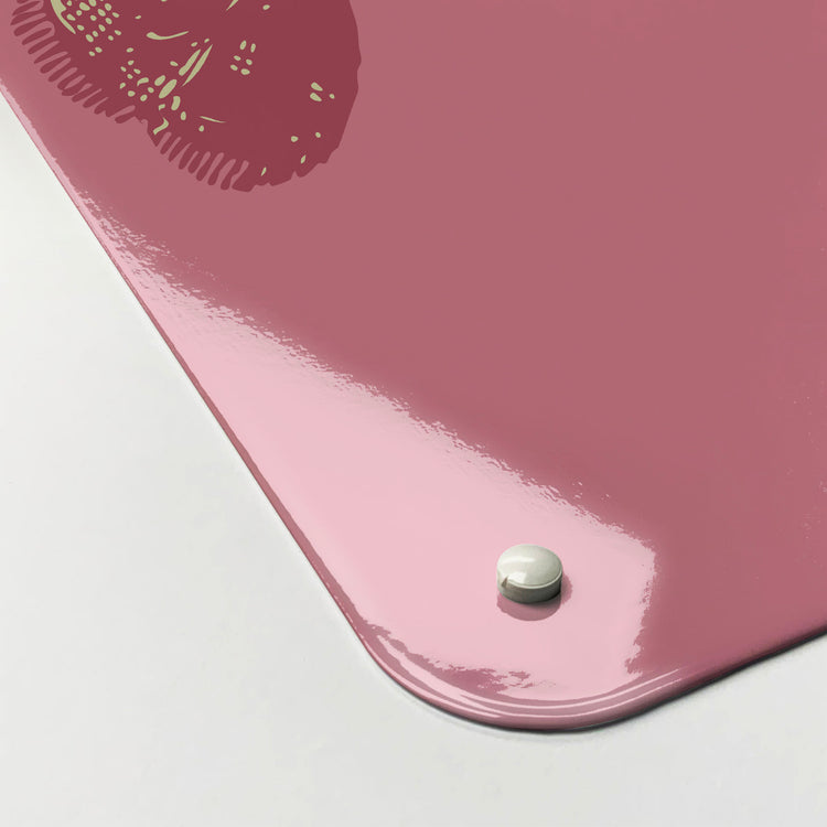 The corner detail of a lobster illustration magnetic board to show it’s high gloss surface