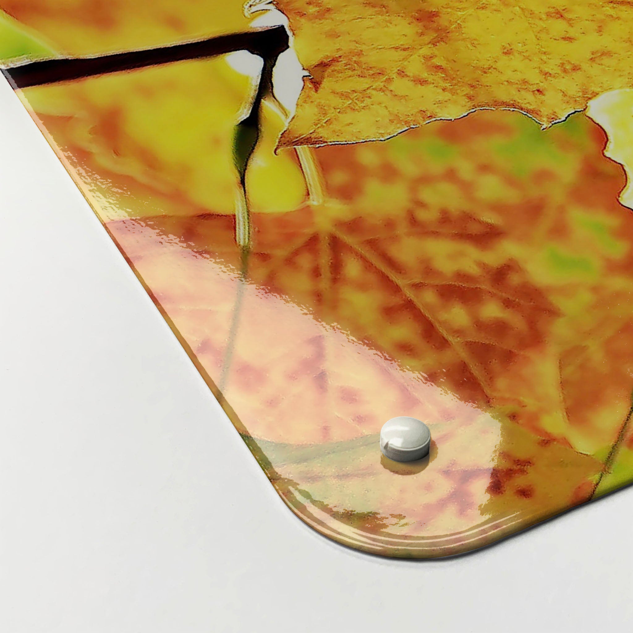 The corner detail of an autumn tree photographic magnetic board to show it’s high gloss surface
