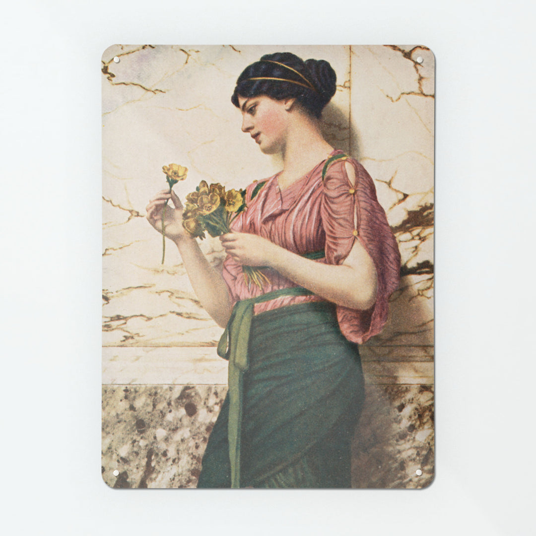 A large magnetic notice board by Beyond the Fridge with an image of a painting of a woman holding flowers