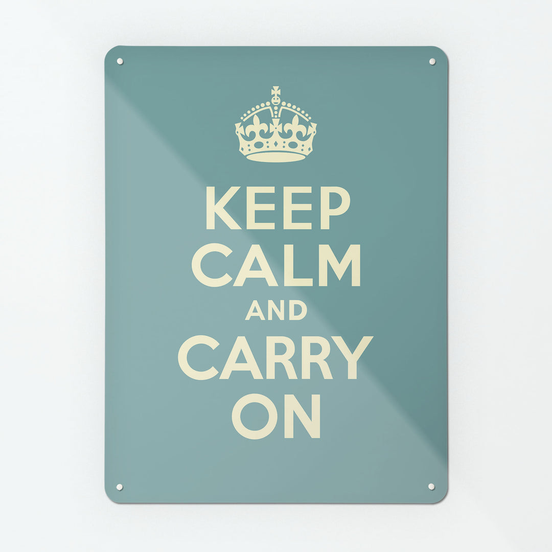 A large magnetic notice board by Beyond the Fridge with an image of a vintage keep calm and carry on poster in blue