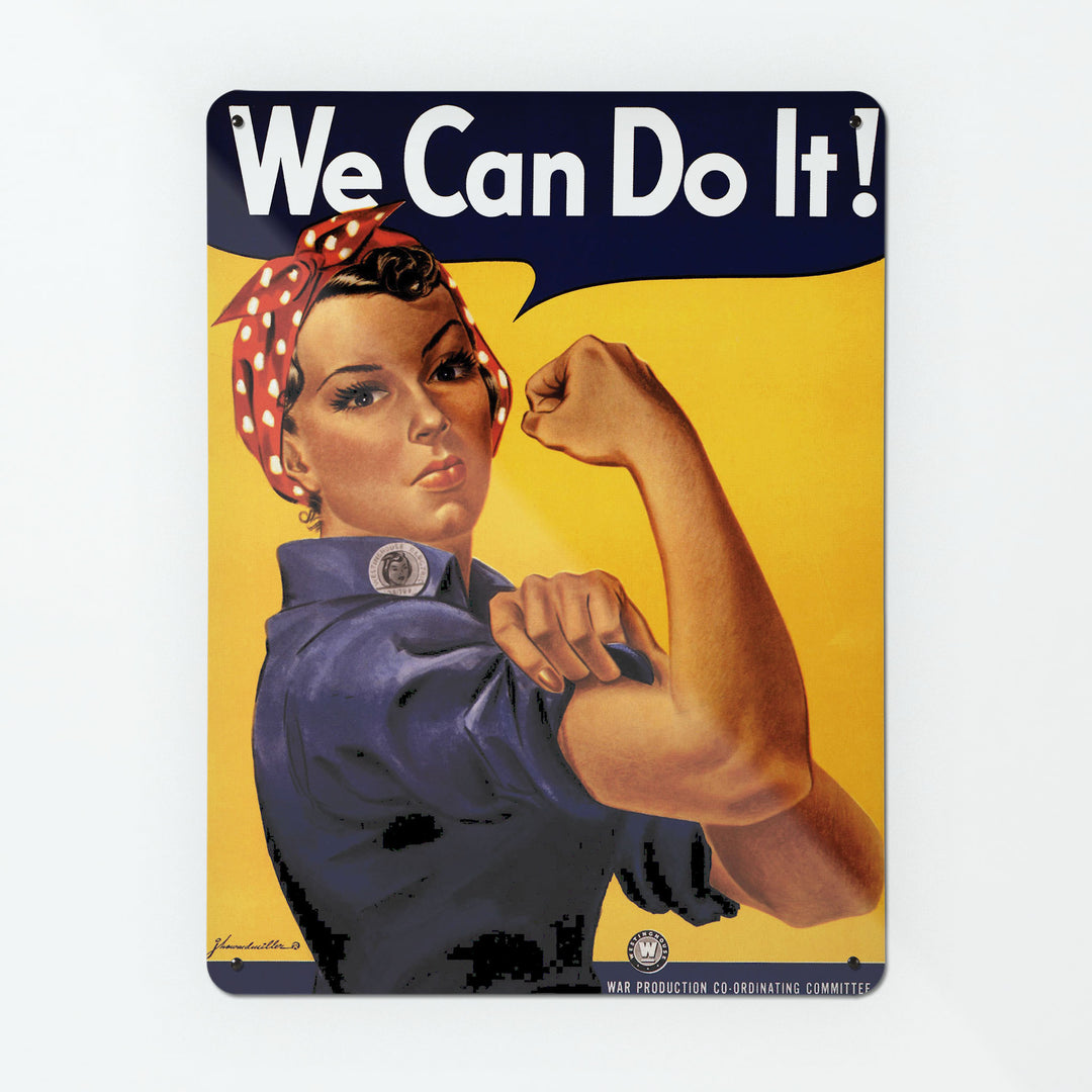 A large magnetic notice board by Beyond the Fridge with a retro American wartime poster of Rosie the riveter