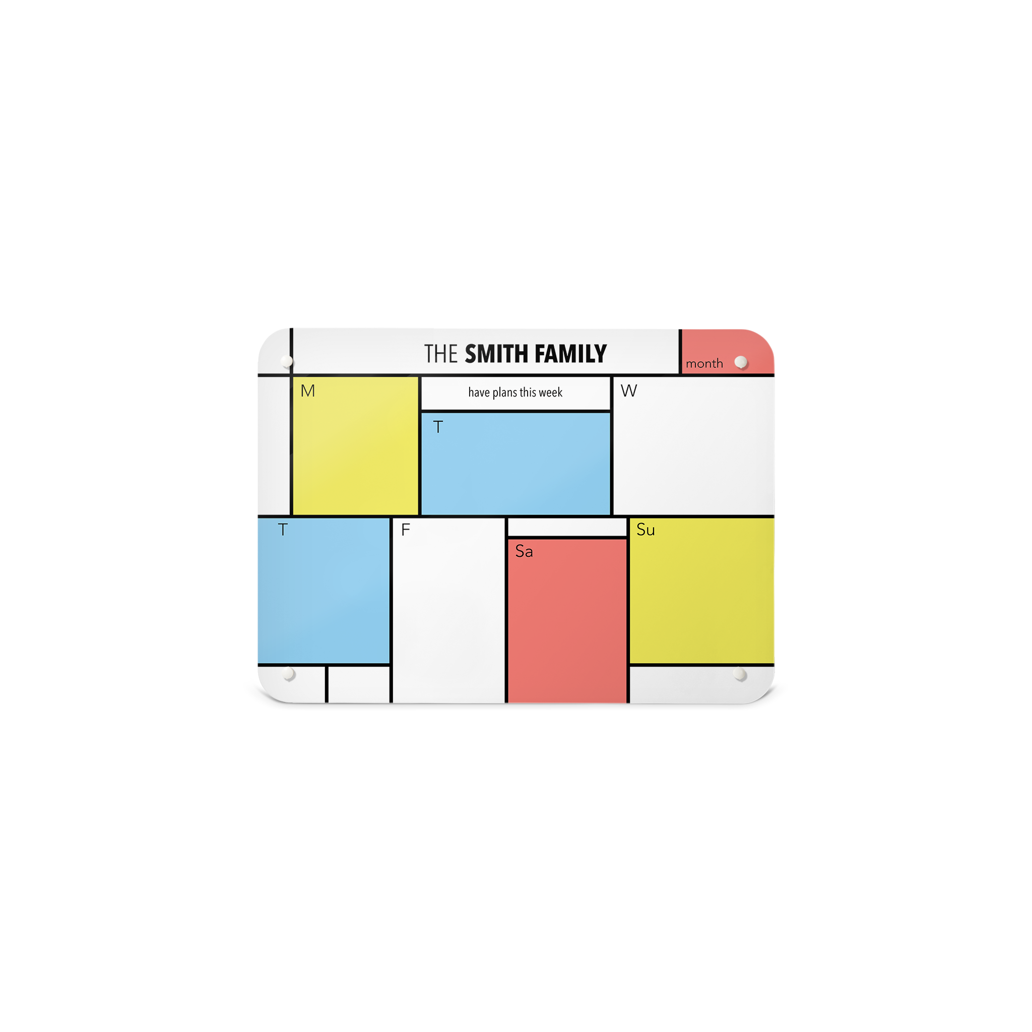 A small magnetic notice board by Beyond the Fridge with a Piet Mondrian design weekly planner to personalise in a landscape format