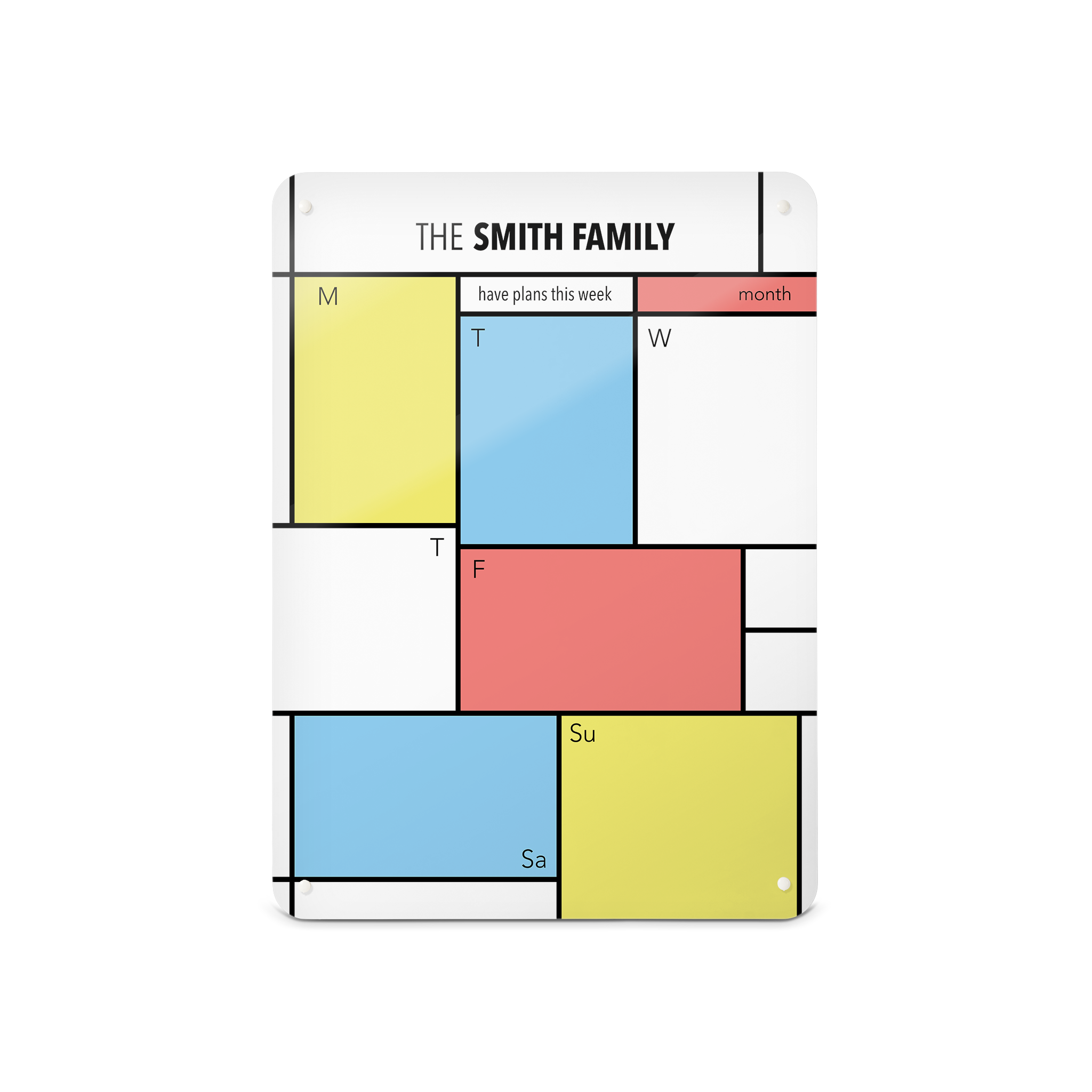 A medium magnetic notice board by Beyond the Fridge with a Piet Mondrian design weekly planner to personalise in a portrait format