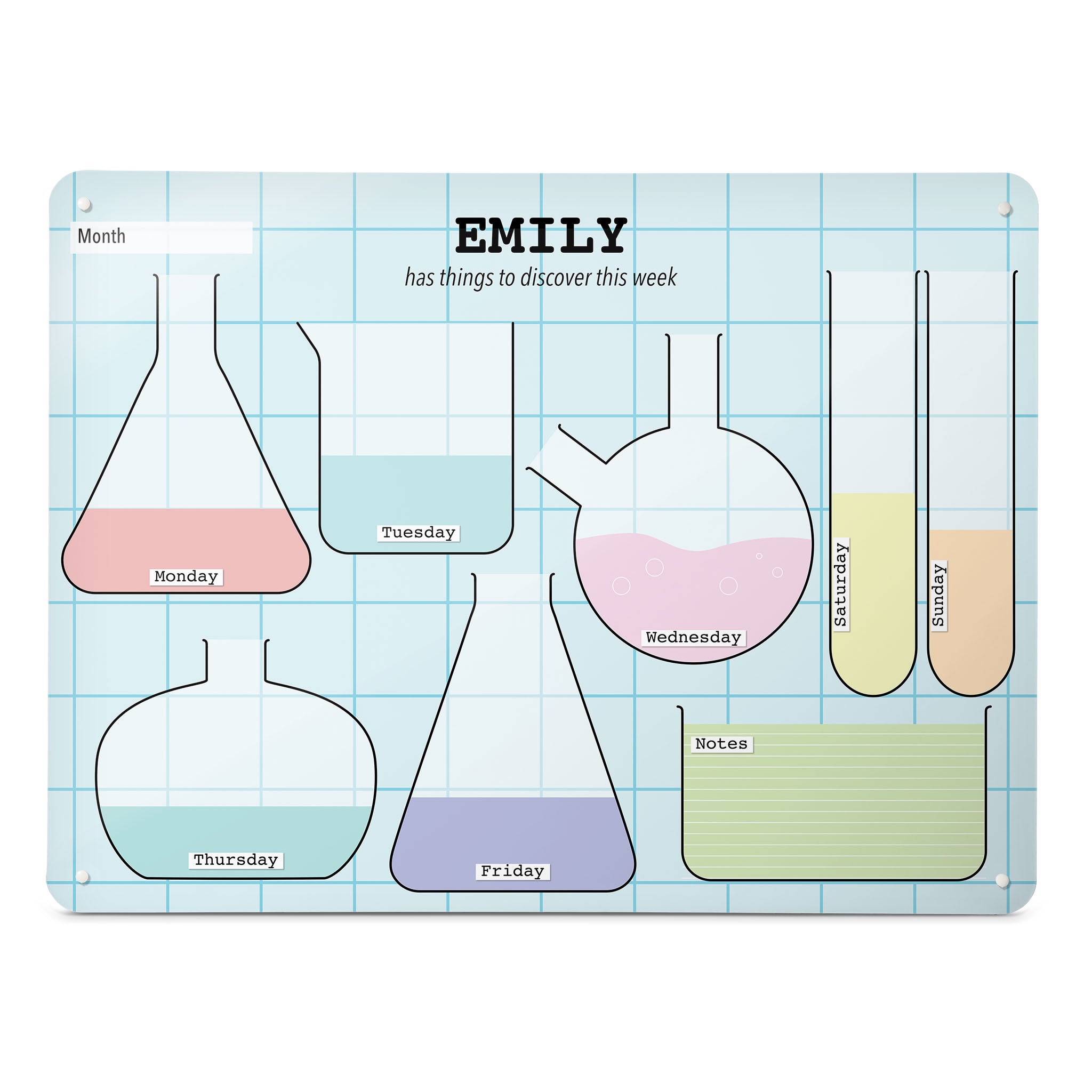 A large landscape science lab weekly planner magnetic notice board by Beyond the Fridge personalised with a name