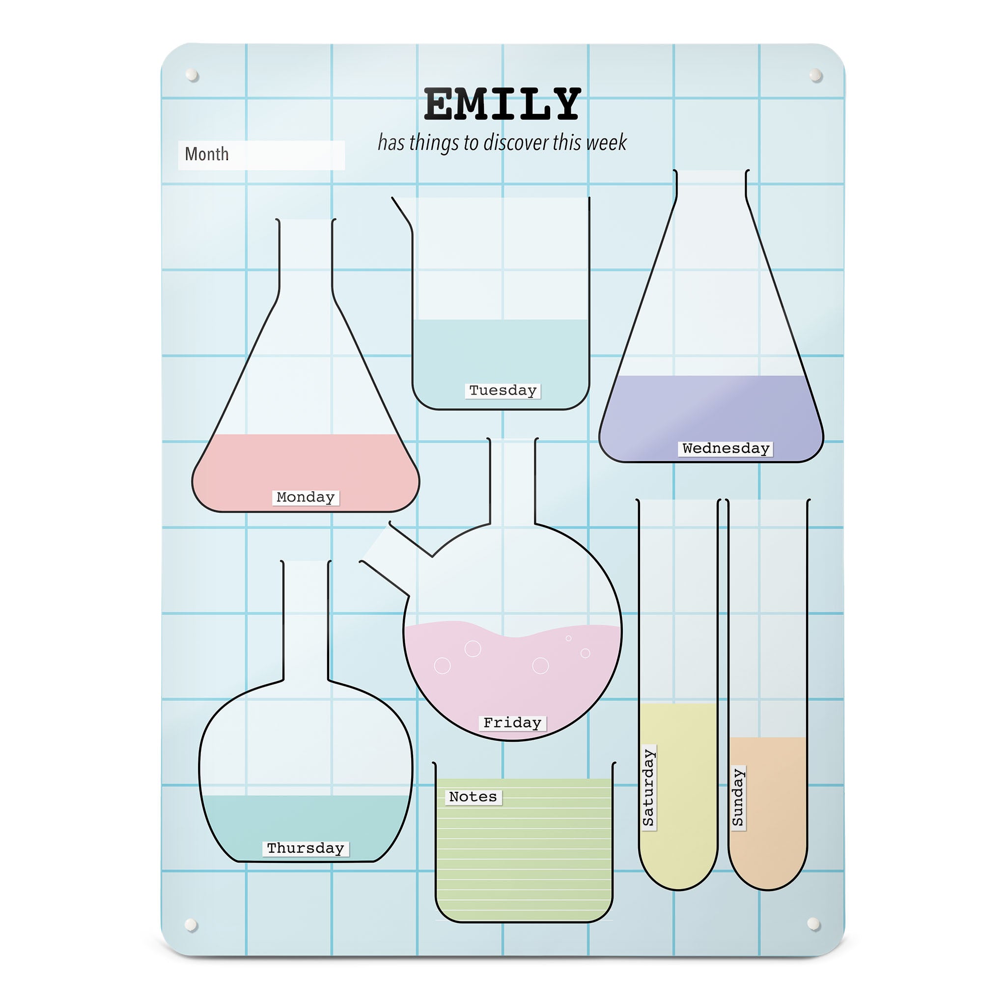 A large portrait format science lab weekly planner magnetic notice board by Beyond the Fridge personalised with a name