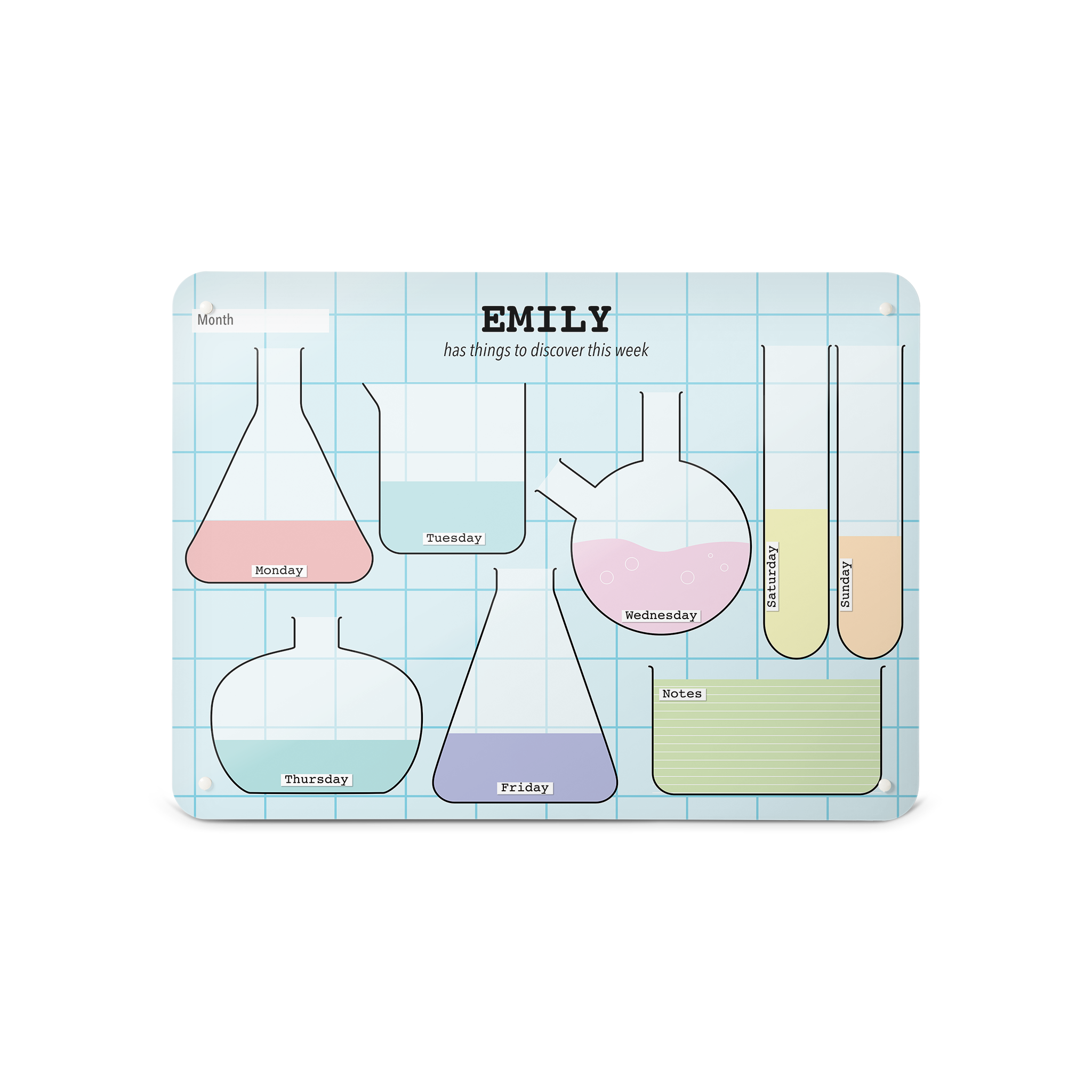 A medium landscape science lab weekly planner magnetic notice board by Beyond the Fridge personalised with a name