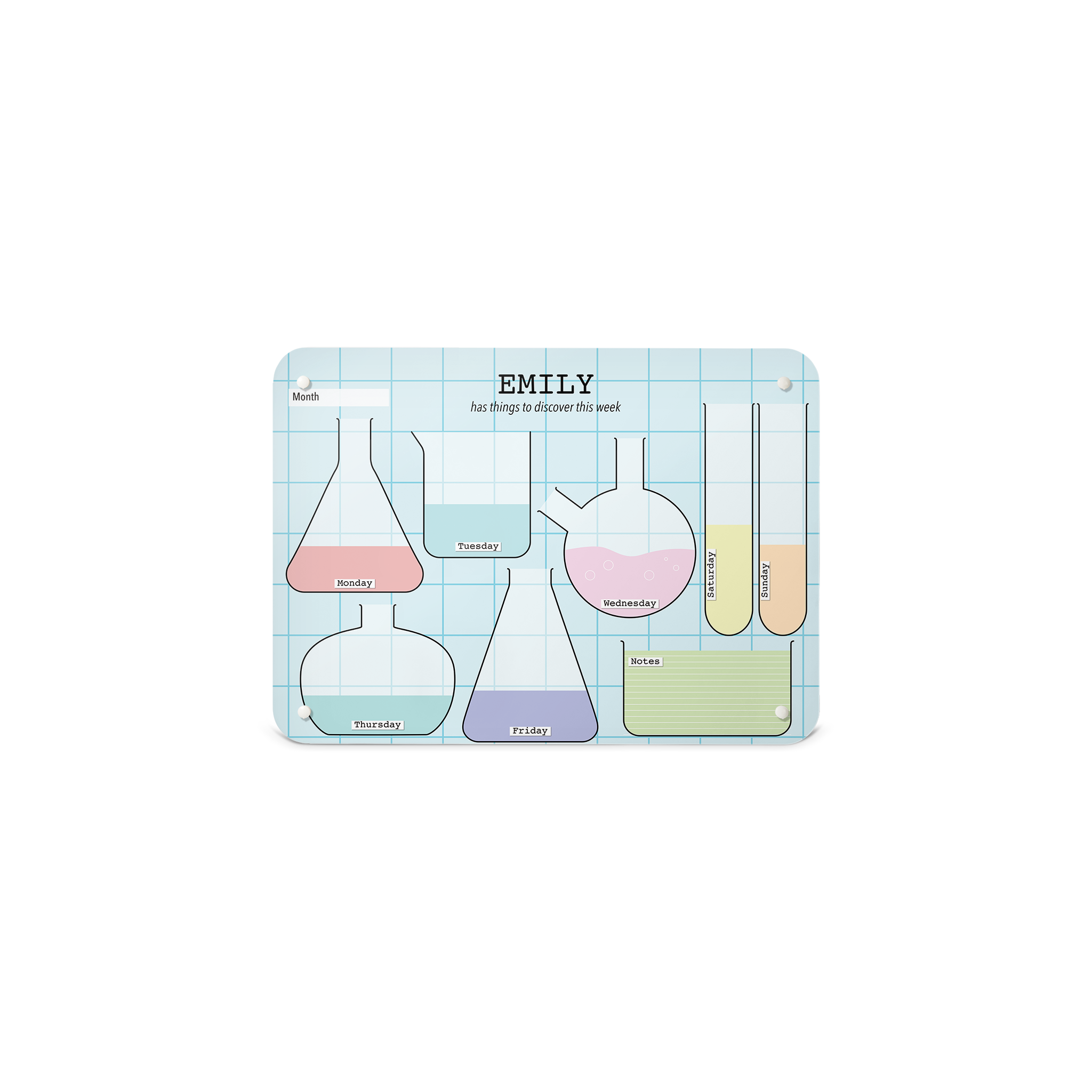 A small landscape science lab weekly planner magnetic notice board by Beyond the Fridge personalised with a name