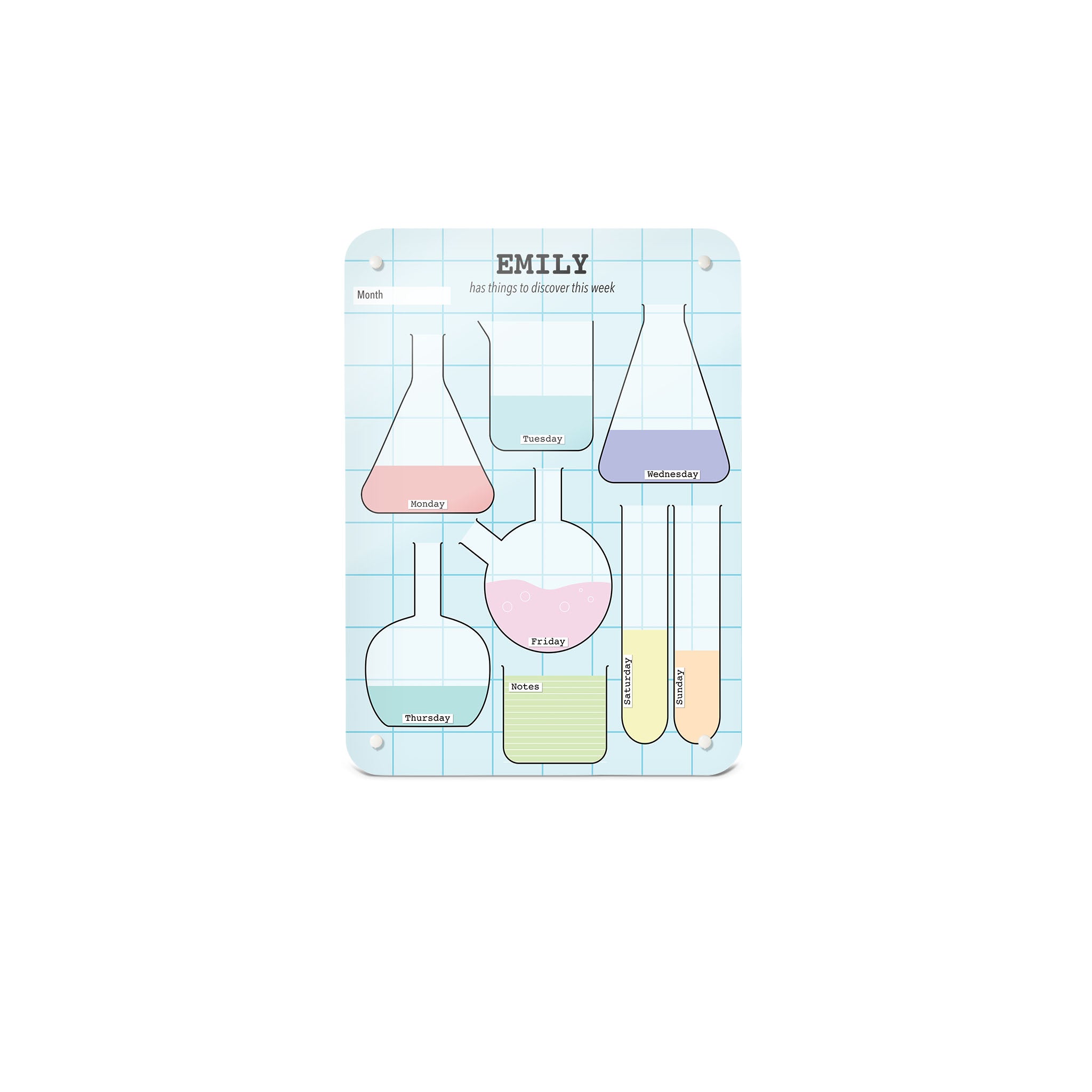 A small portrait format science lab weekly planner magnetic notice board by Beyond the Fridge personalised with a name