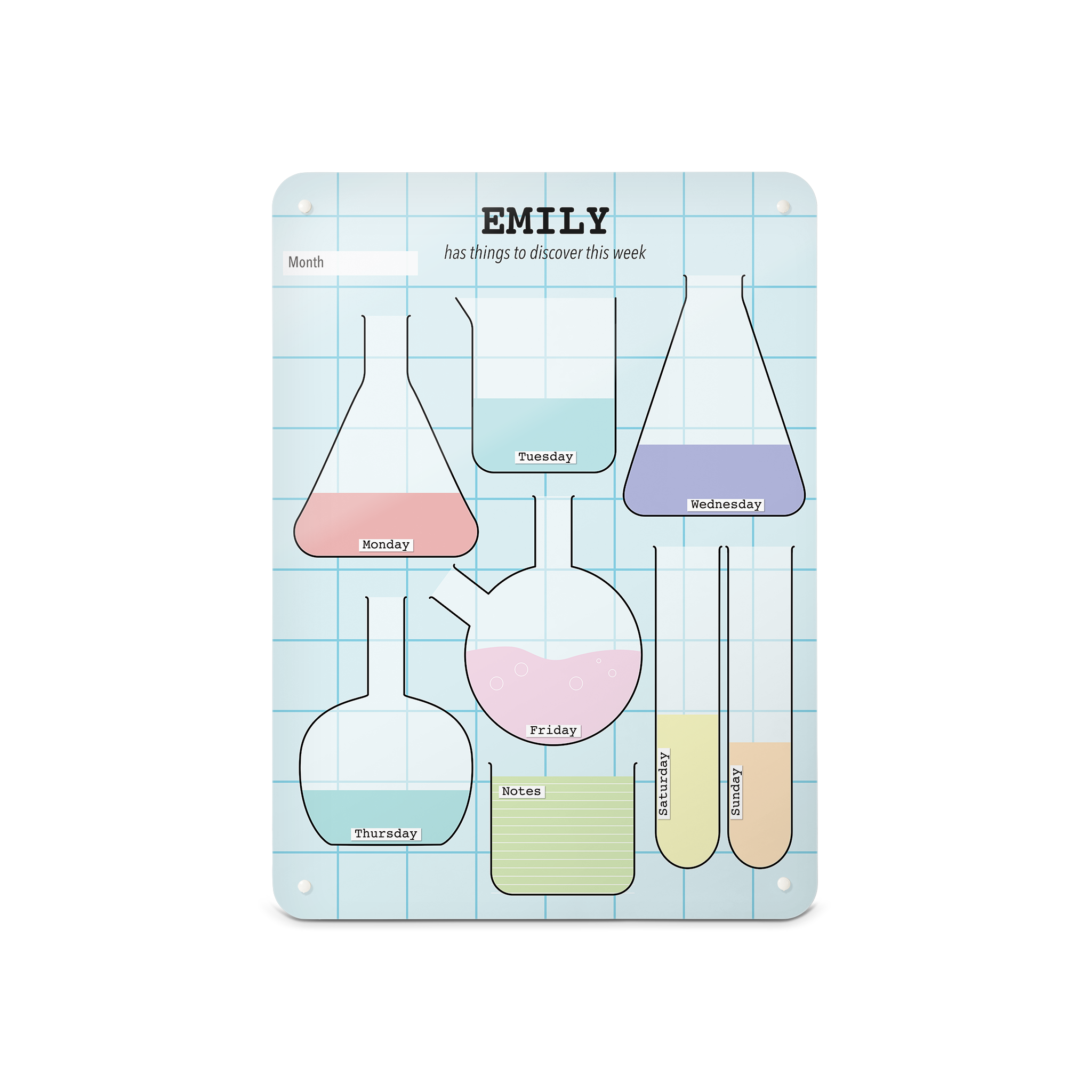 A medium portrait format science lab weekly planner magnetic notice board by Beyond the Fridge personalised with a name