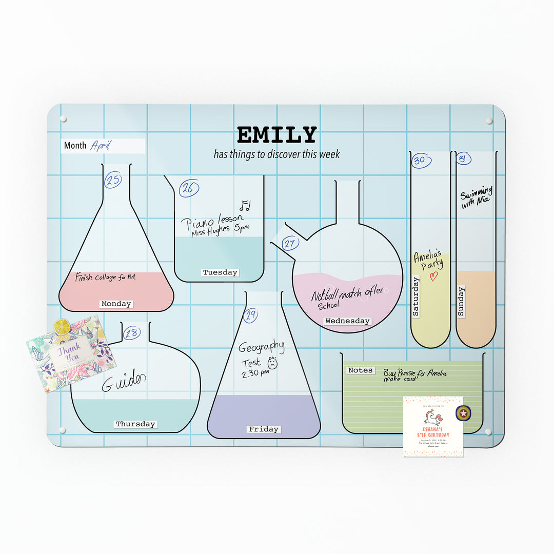A large magnetic notice board by Beyond the Fridge with a science lab design to personalise with plans written and postcards attached
