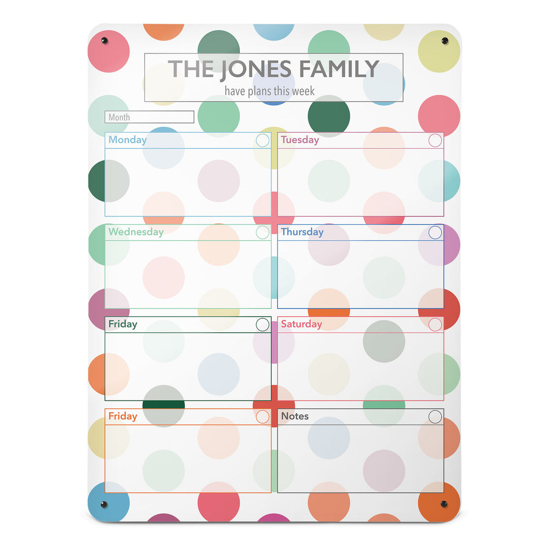 A large portrait format spots design weekly planner magnetic notice board by Beyond the Fridge personalised with a name