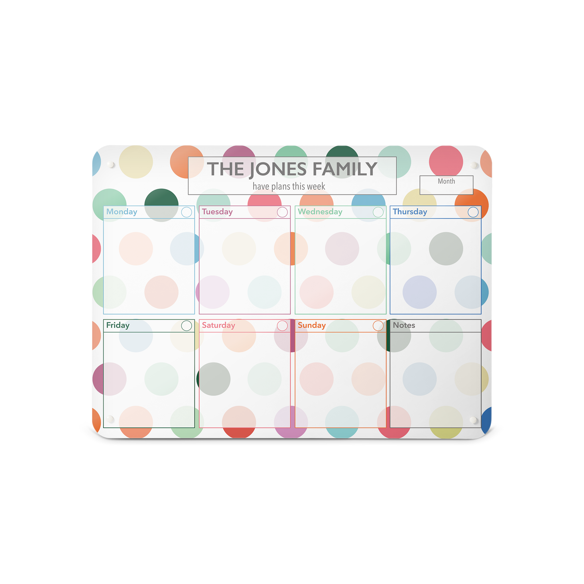 A medium landscape format spots design weekly planner magnetic notice board by Beyond the Fridge personalised with a name