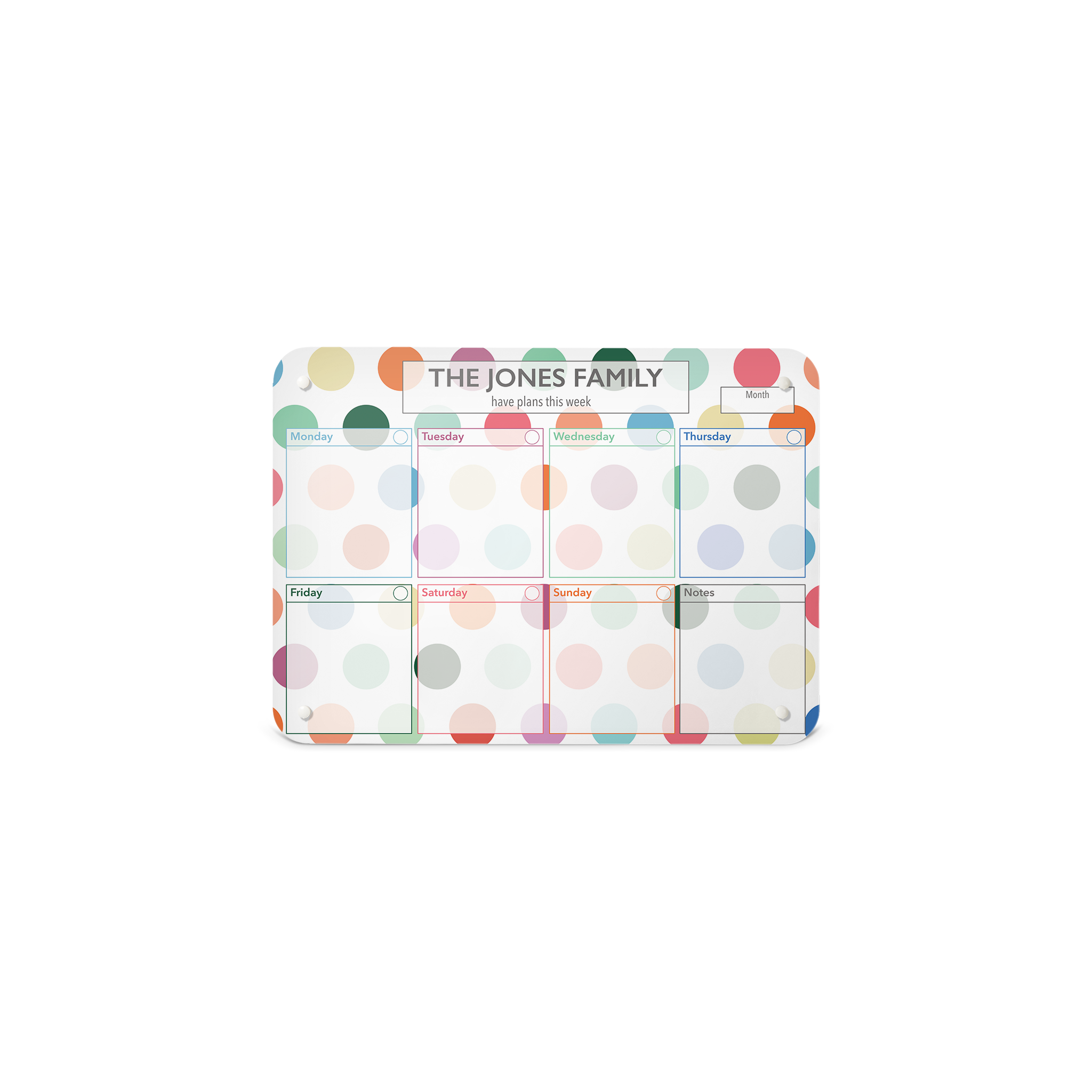 A small landscape format spots design weekly planner magnetic notice board by Beyond the Fridge personalised with a name