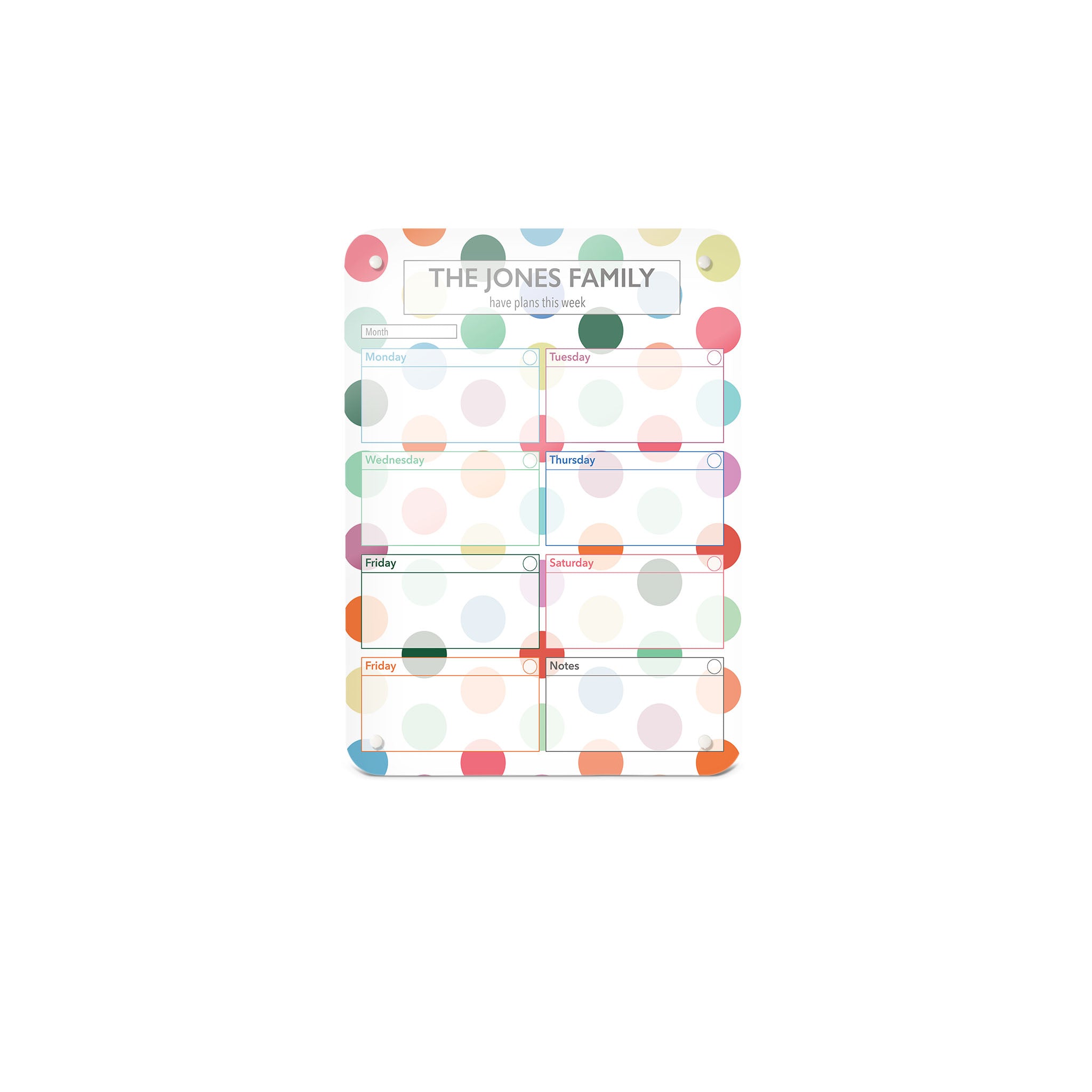 A small portrait format spots design weekly planner magnetic notice board by Beyond the Fridge personalised with a name