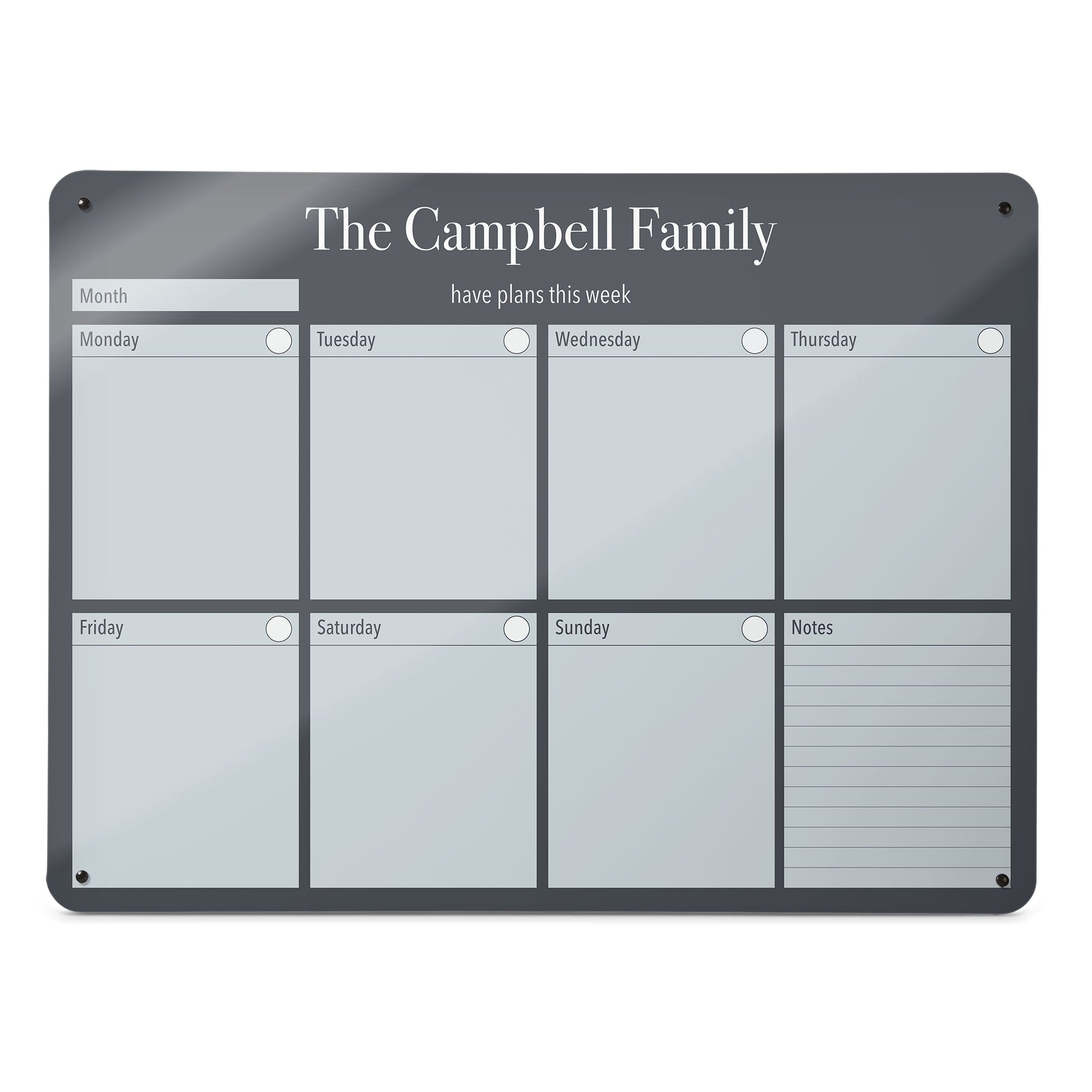 A large magnetic notice board by Beyond the Fridge with a weekly planner design to personalise  in a grey colour and landscape format