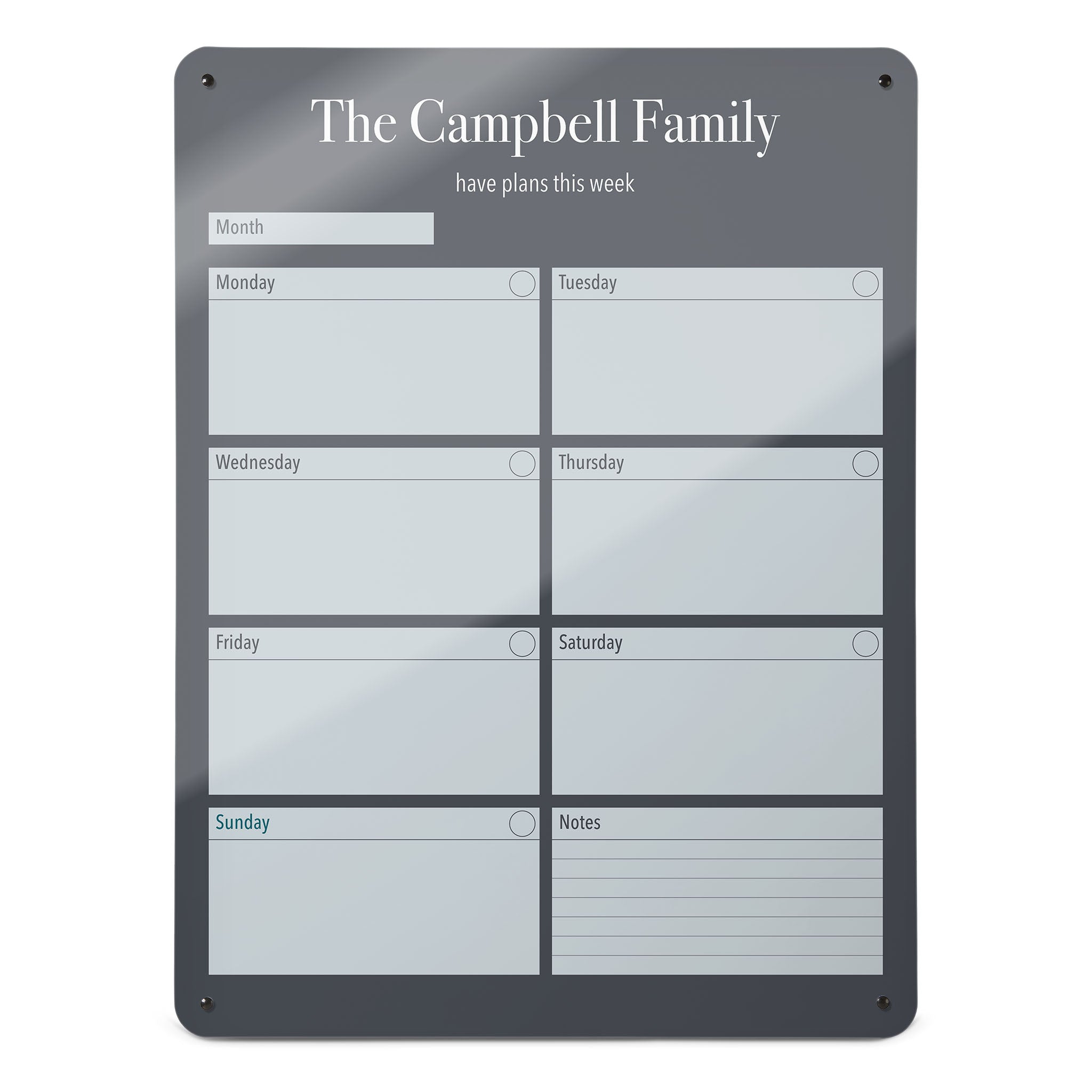 A large magnetic notice board by Beyond the Fridge with a weekly planner design to personalise  in a grey colour and portrait format