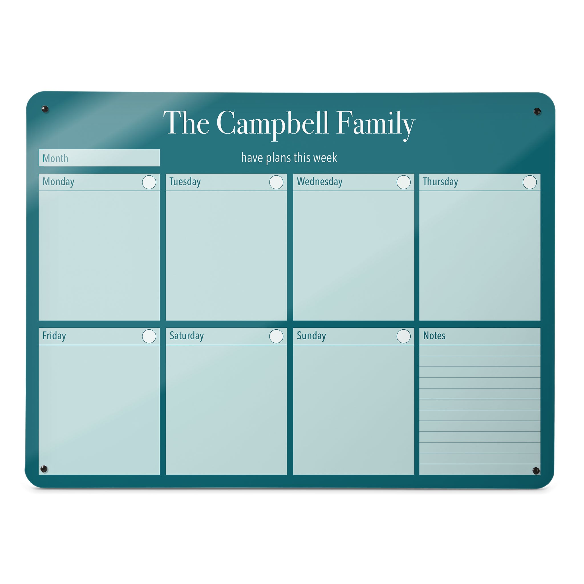 A large magnetic notice board by Beyond the Fridge with a weekly planner design to personalise  in a teal colour and landscape format