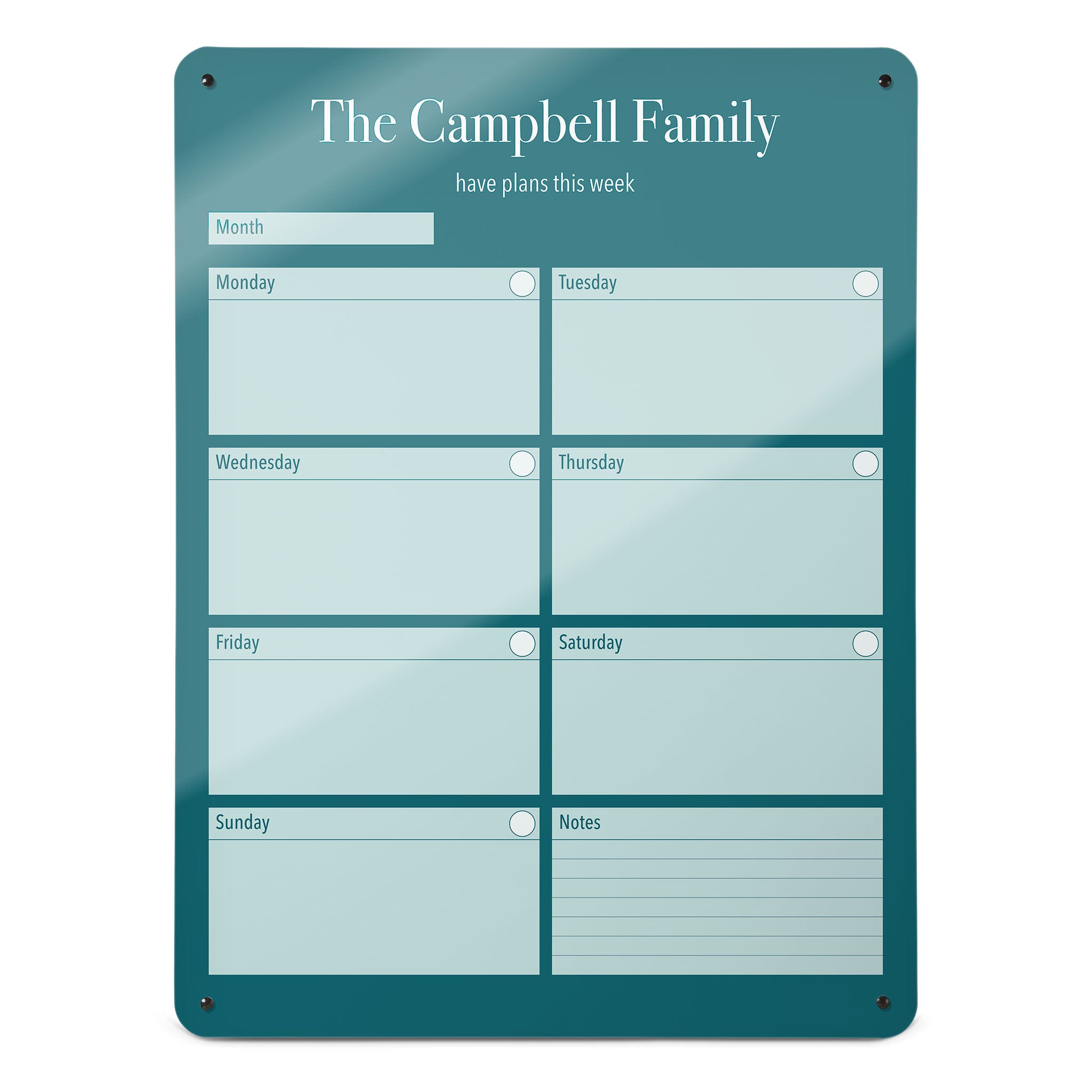 A large magnetic notice board by Beyond the Fridge with a weekly planner design to personalise  in a teal colour and portrait format