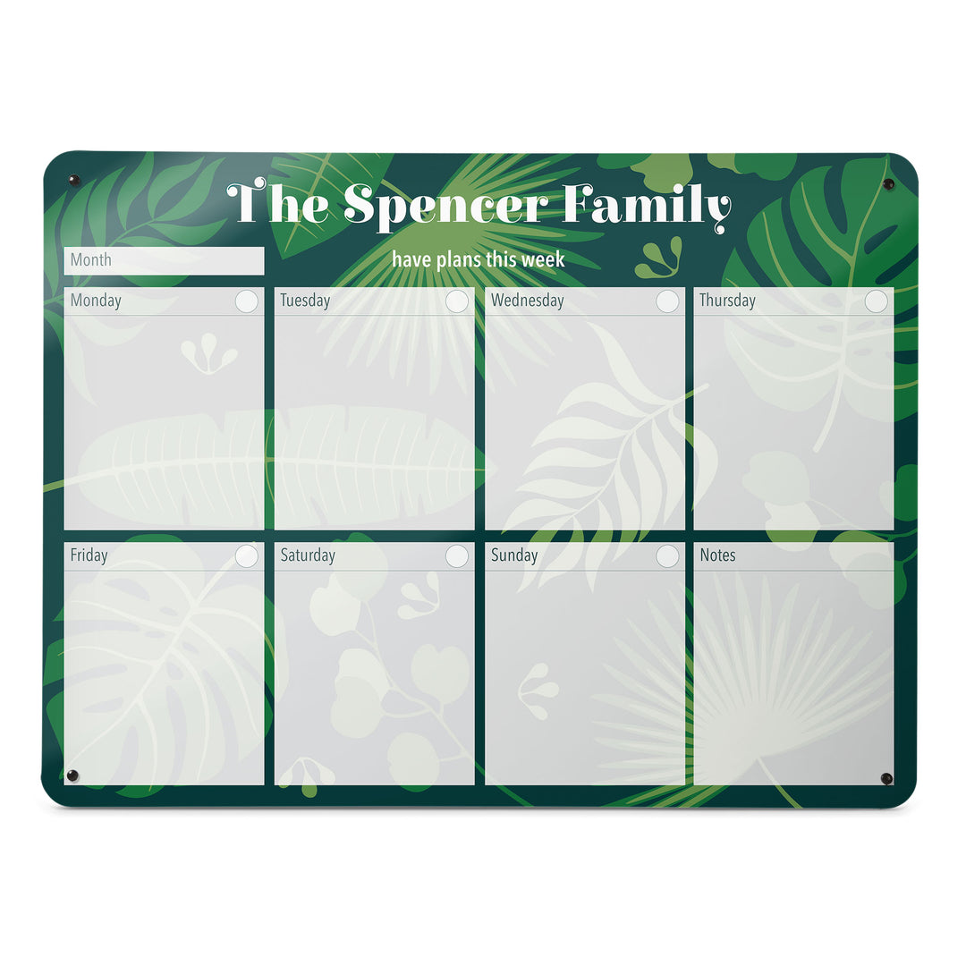 A large landscape  format tropical leaves design weekly planner magnetic notice board by Beyond the Fridge personalised with a name