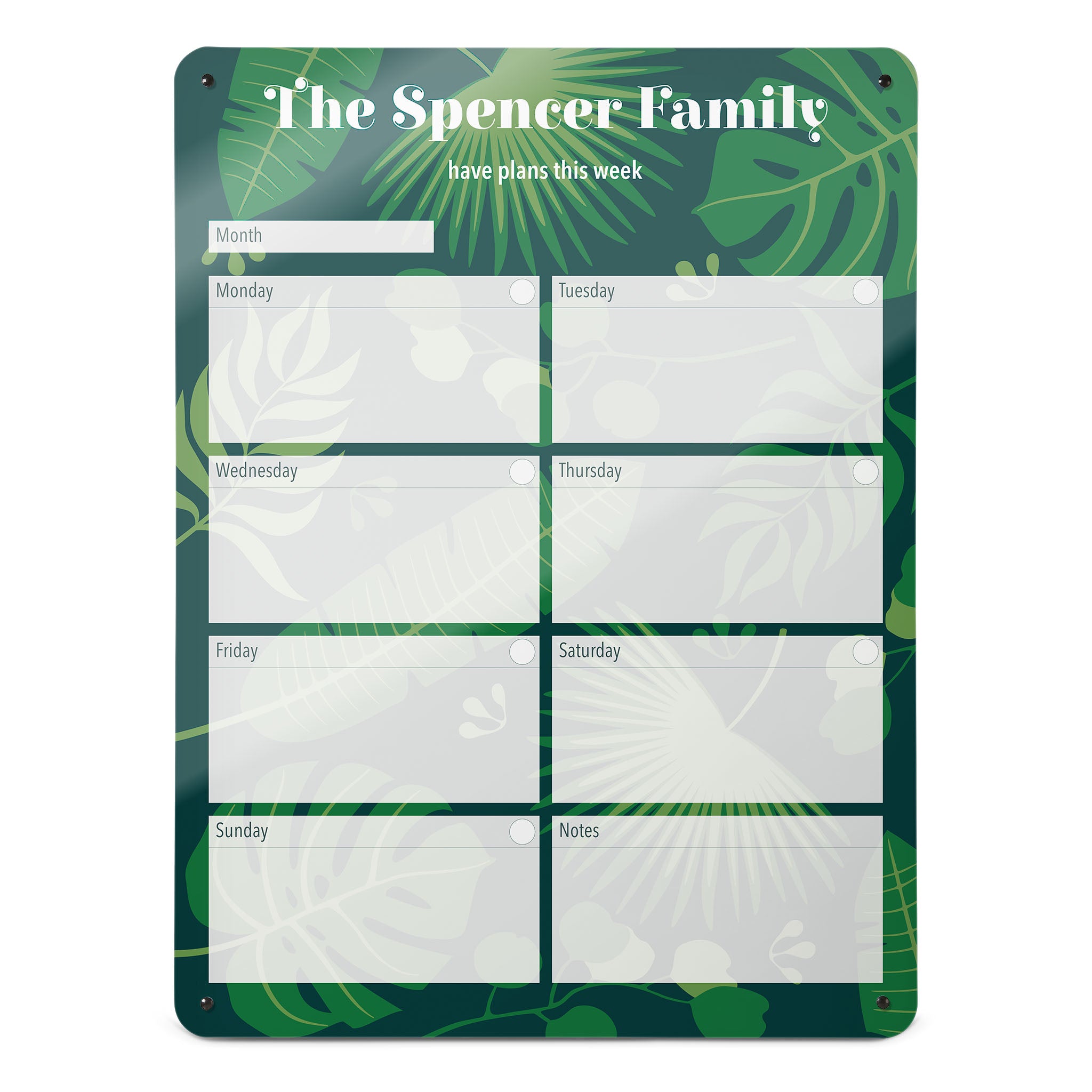 A large portrait format tropical leaves design weekly planner magnetic notice board by Beyond the Fridge personalised with a name