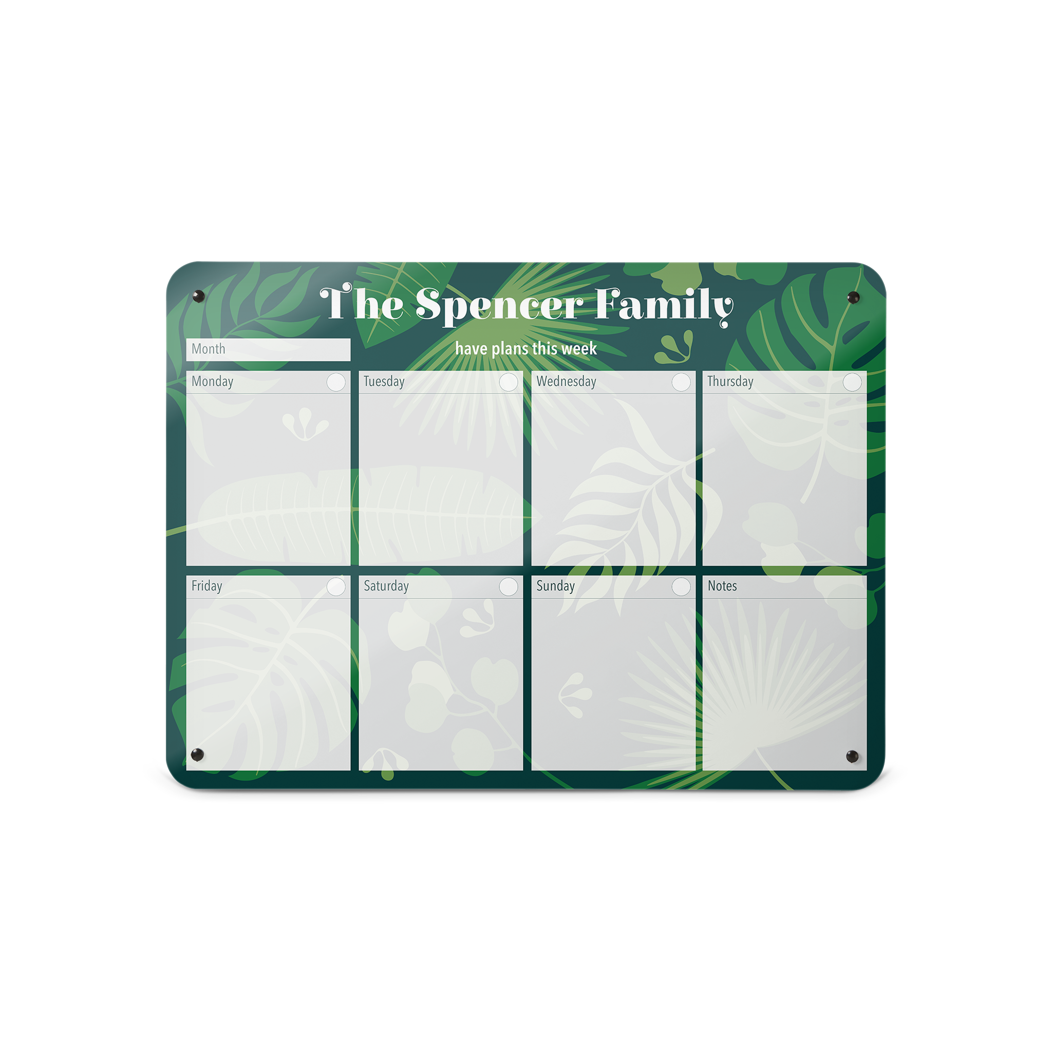A medium landscape  format tropical leaves design weekly planner magnetic notice board by Beyond the Fridge personalised with a name