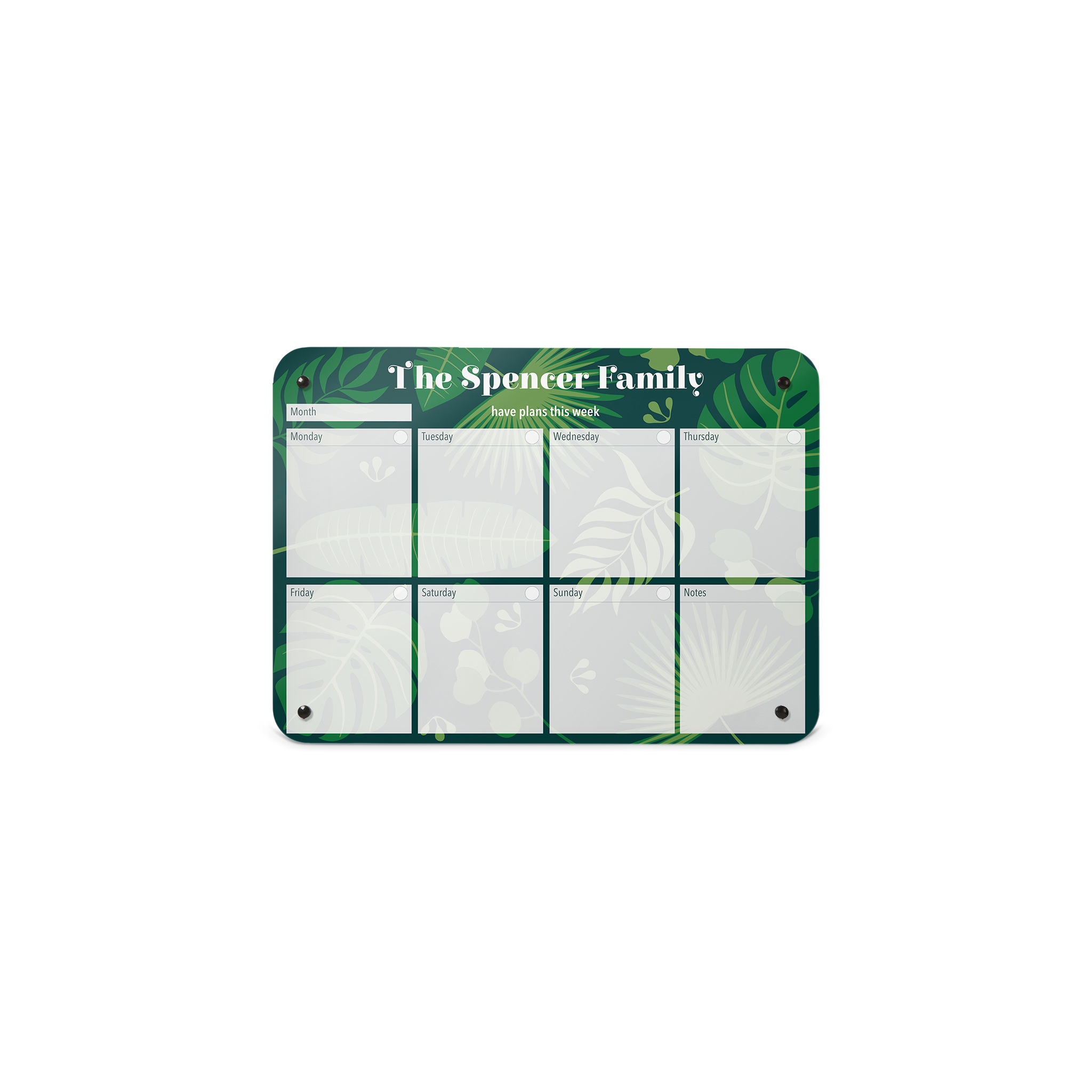 A small landscape  format tropical leaves design weekly planner magnetic notice board by Beyond the Fridge personalised with a name