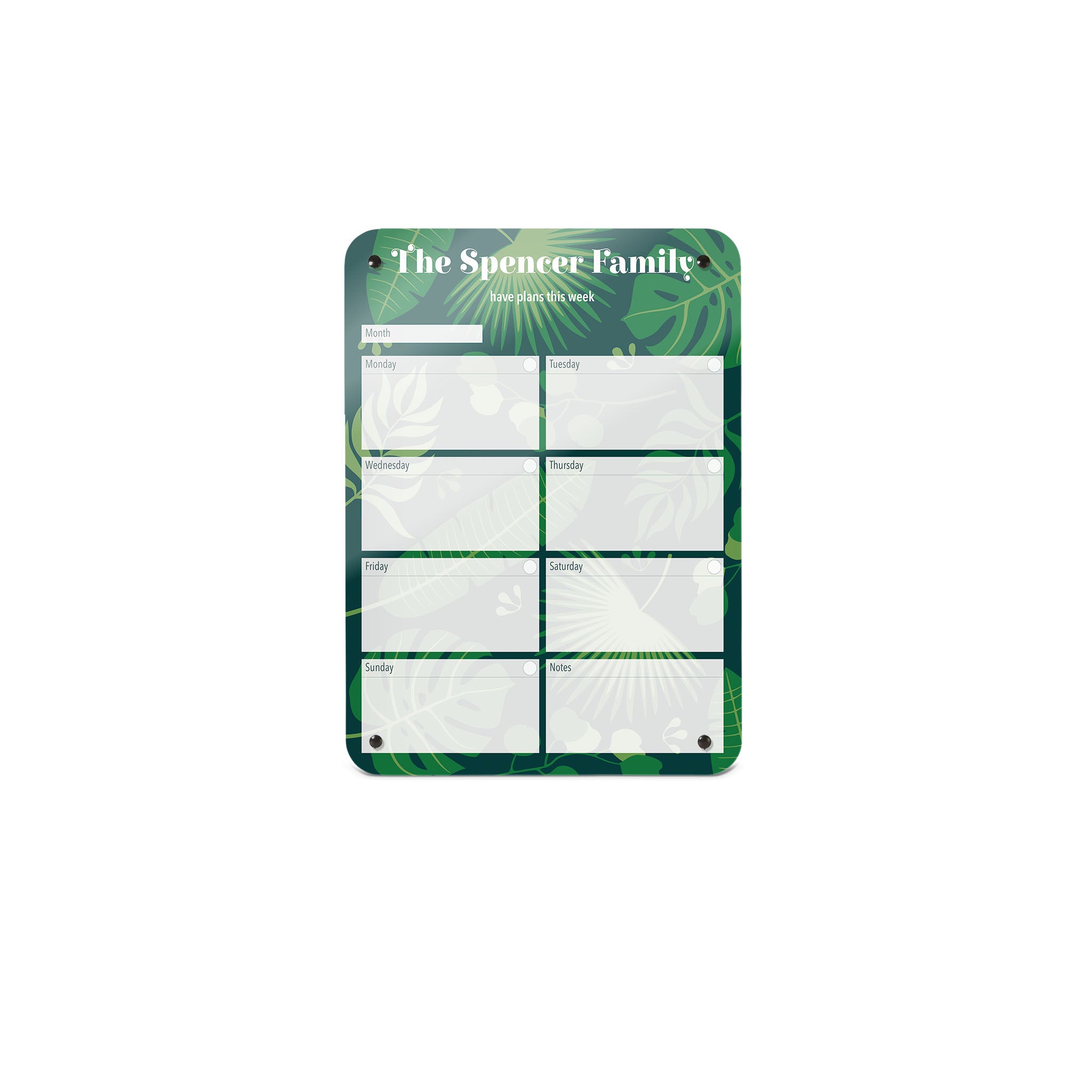 A small portrait format tropical leaves design weekly planner magnetic notice board by Beyond the Fridge personalised with a name