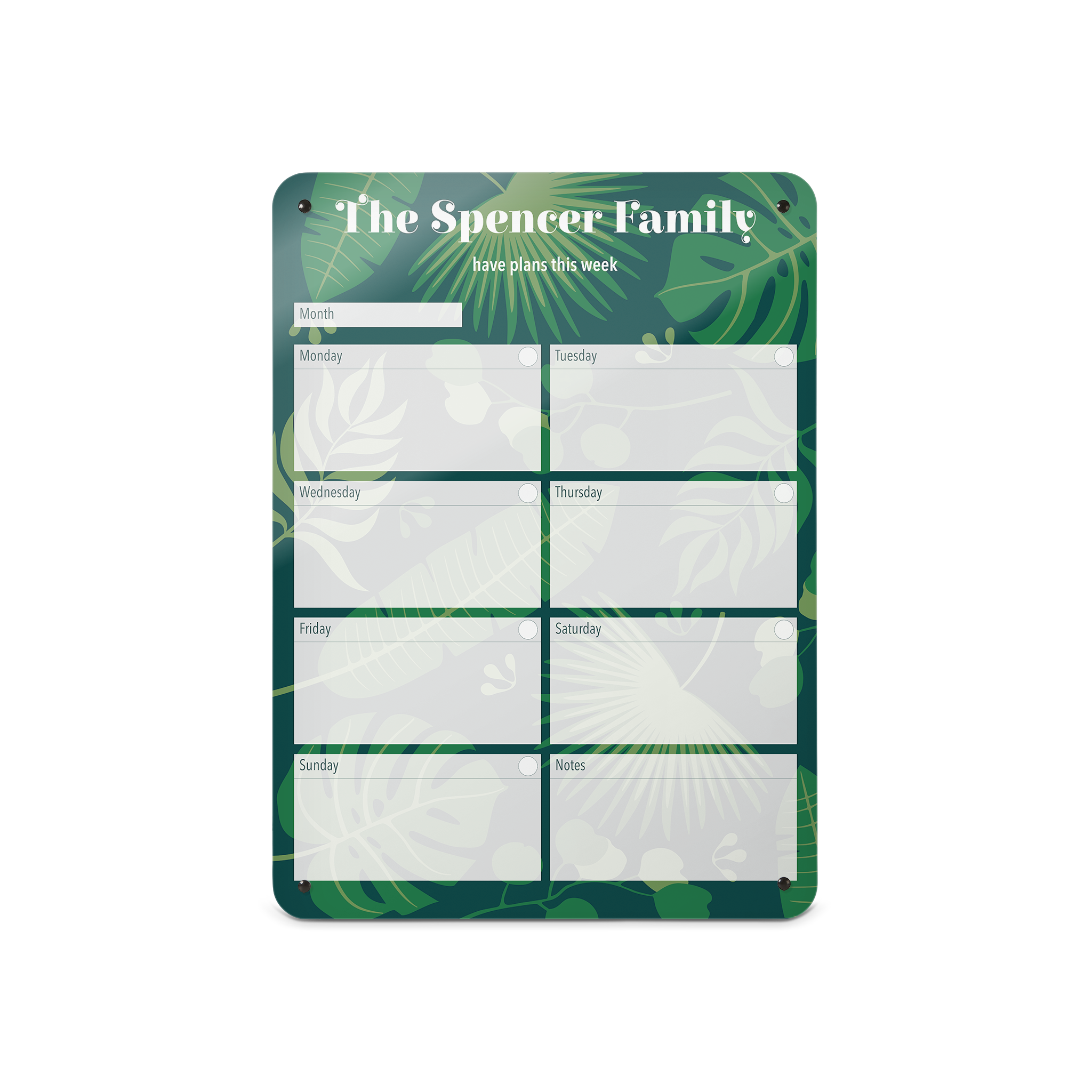 A medium portrait format tropical leaves design weekly planner magnetic notice board by Beyond the Fridge personalised with a name