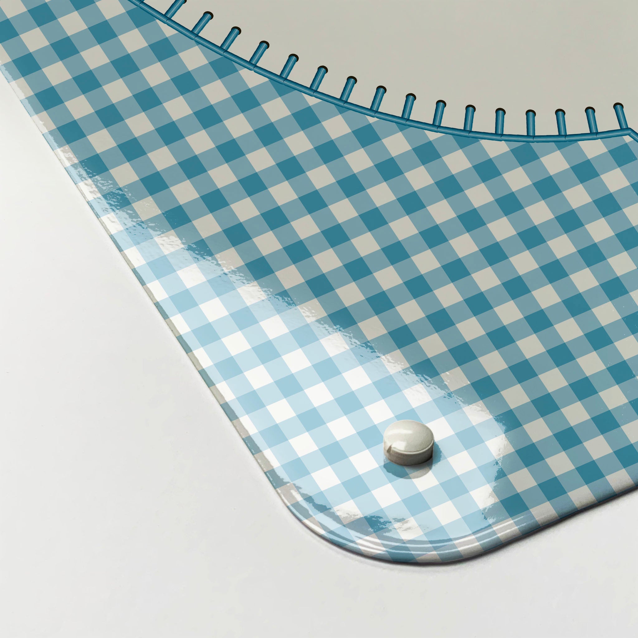 The corner detail of an appliqué teapot on blue gingham design magnetic board to show it’s high gloss surface