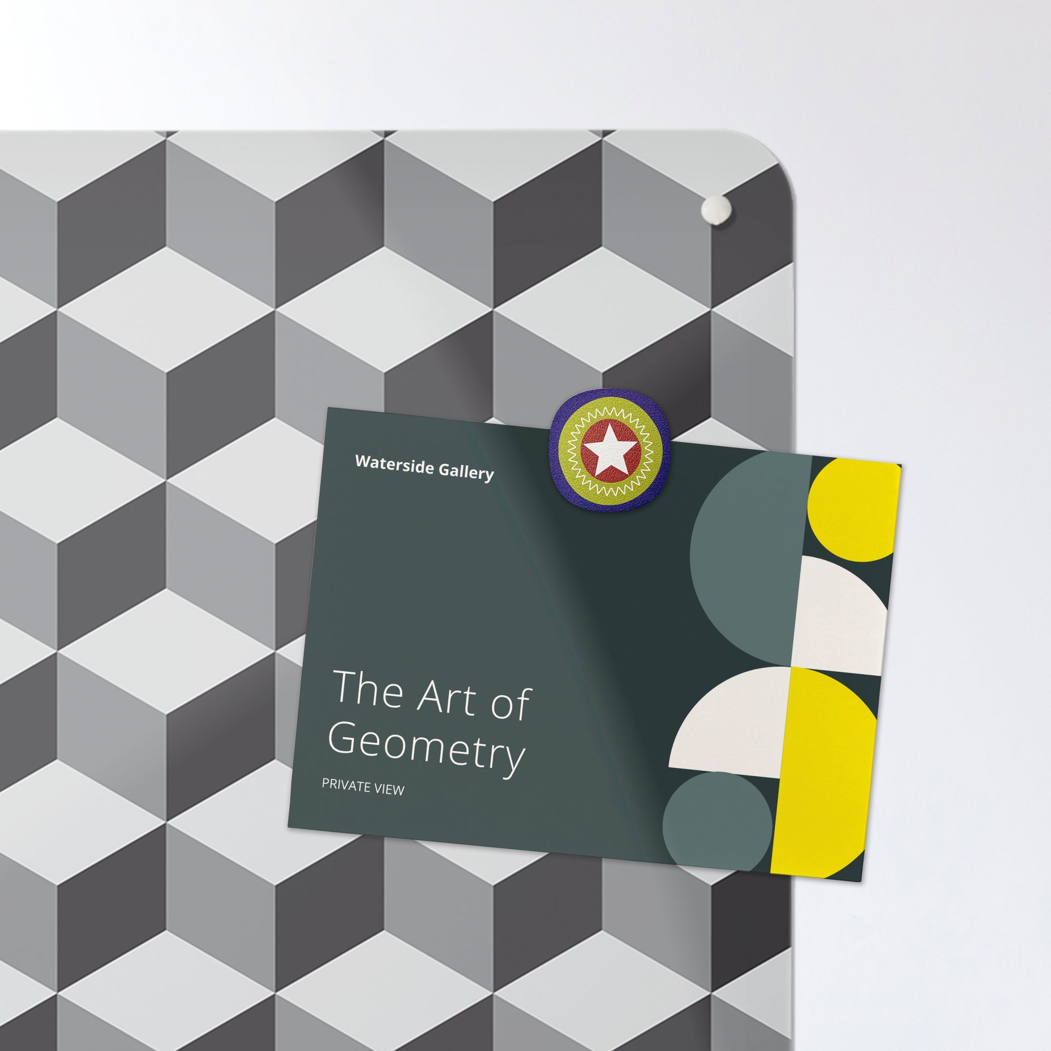 A postcard on a grey blocks design magnetic board or metal wall art panel