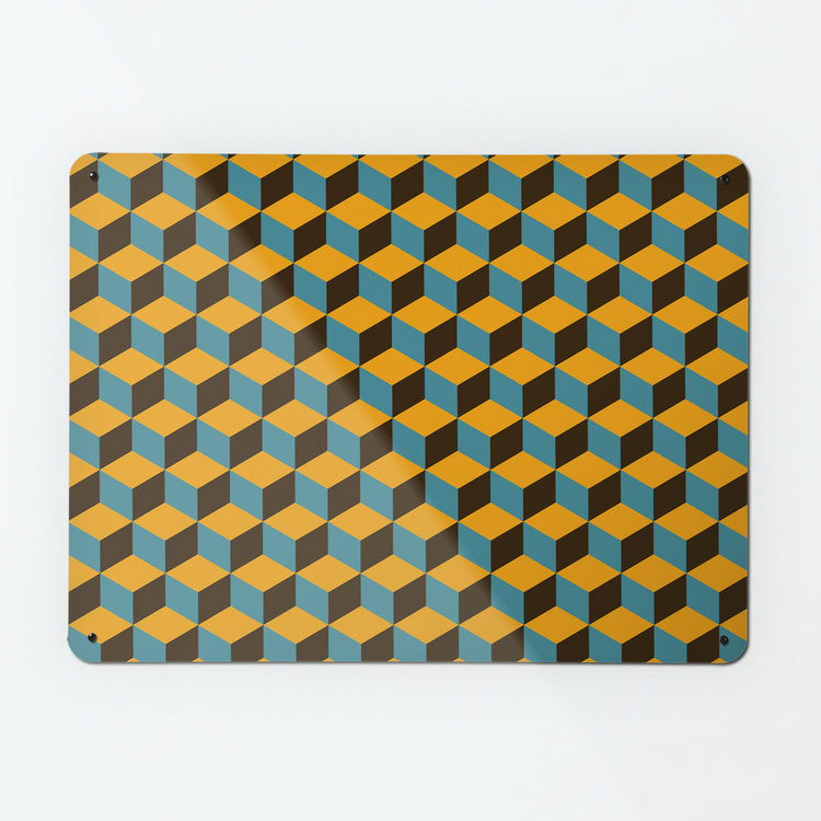 A large magnetic notice board by Beyond the Fridge with a geometric blocks design in mustard, blue and brown