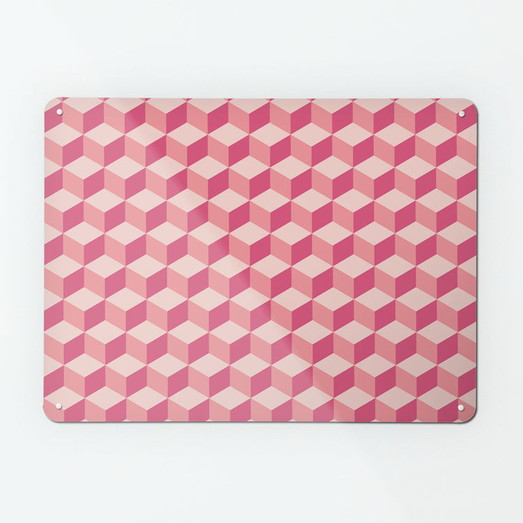 A large magnetic notice board by Beyond the Fridge with a geometric blocks design in shades of pink