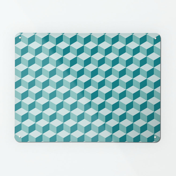 A large magnetic notice board by Beyond the Fridge with a geometric blocks design in shades of teal