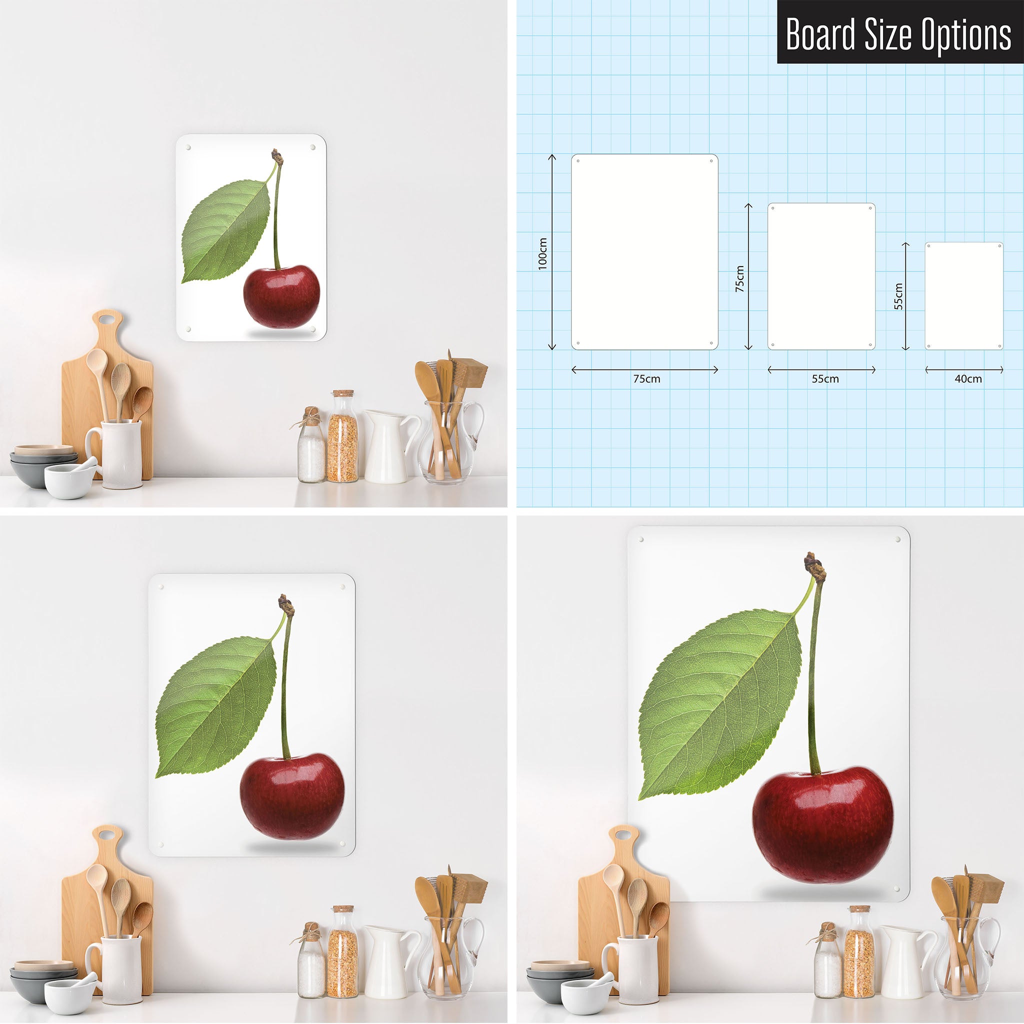 Three photographs of a workspace interior and a diagram to show size comparisons of a red cherry photographic magnetic notice board