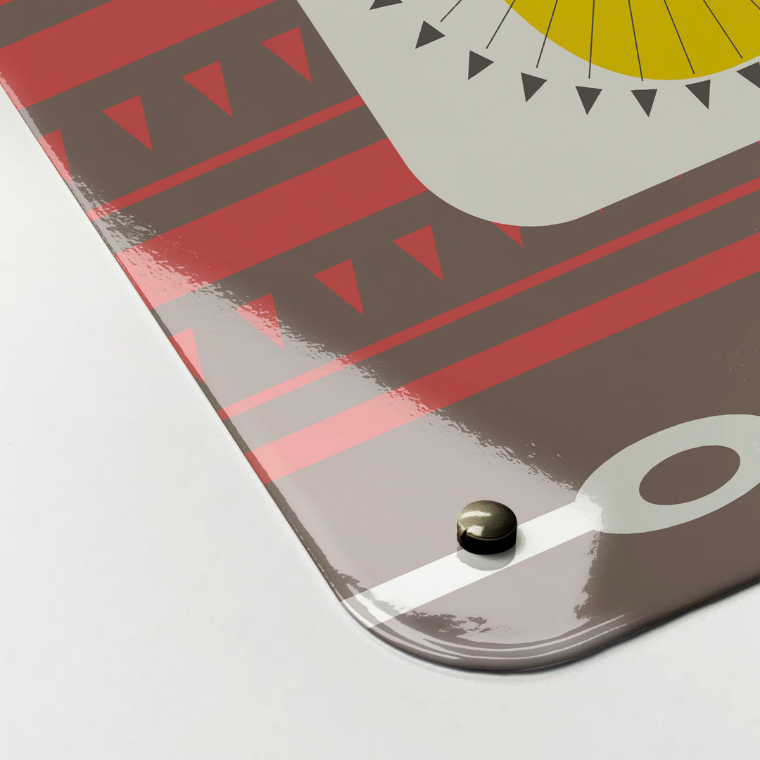 The corner detail of a retro coffee pot white design magnetic board to show it’s high gloss surface