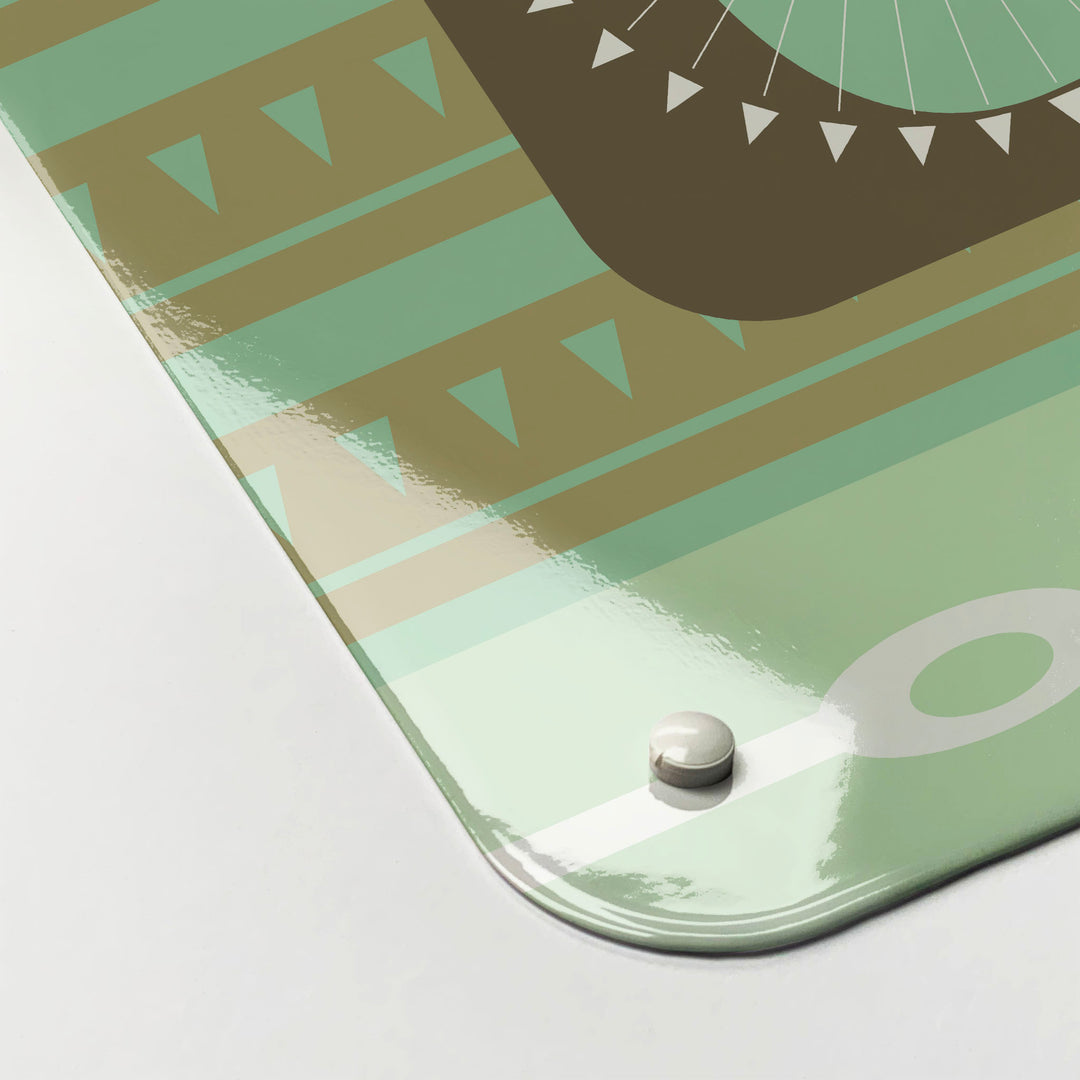 The corner detail of a retro coffee pot green design magnetic board to show it’s high gloss surface