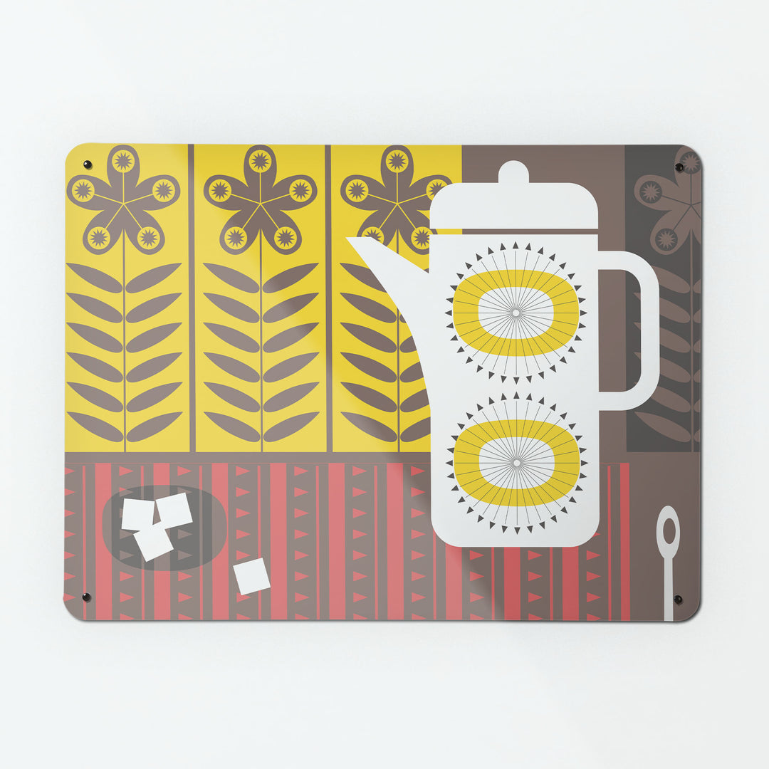 A large magnetic notice board by Beyond the Fridge with a retro coffee pot design in white, yellow, red and brown