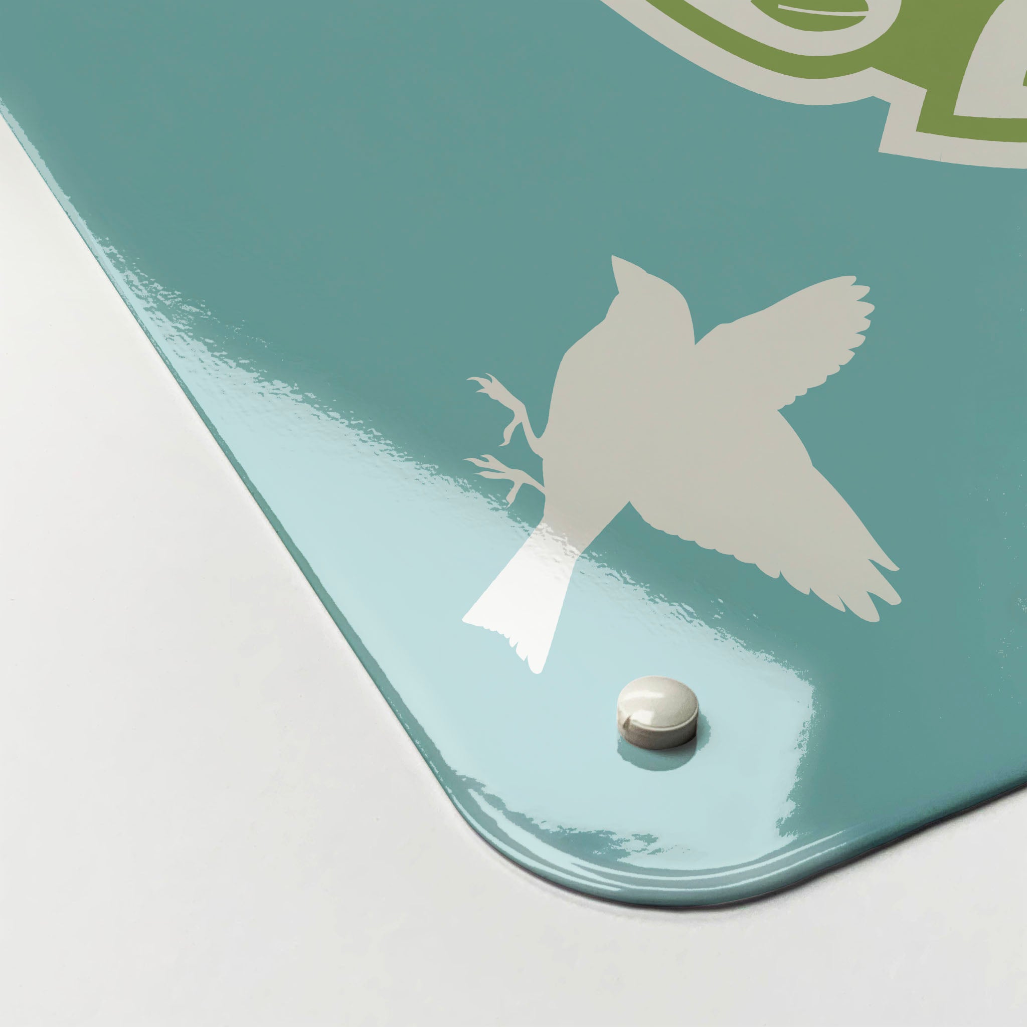 The corner detail of a coloured birds in a tree design magnetic board to show it’s high gloss surface