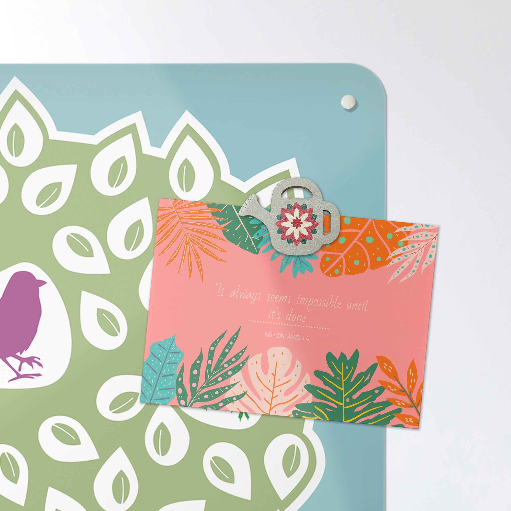 A postcard on a coloured birds in a tree design magnetic board or metal wall art panel
