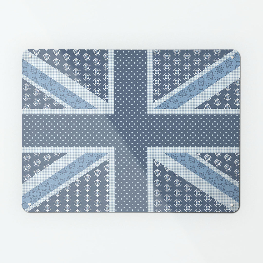 A large magnetic notice board by Beyond the Fridge with a Cool Britannia Union Jack design in blue and white