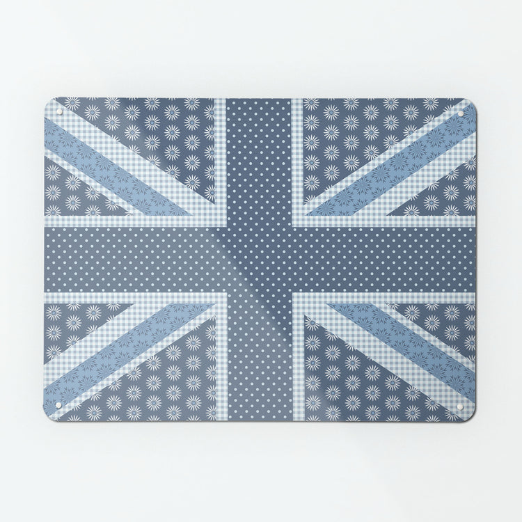 A large magnetic notice board by Beyond the Fridge with a Cool Britannia Union Jack design in blue and white