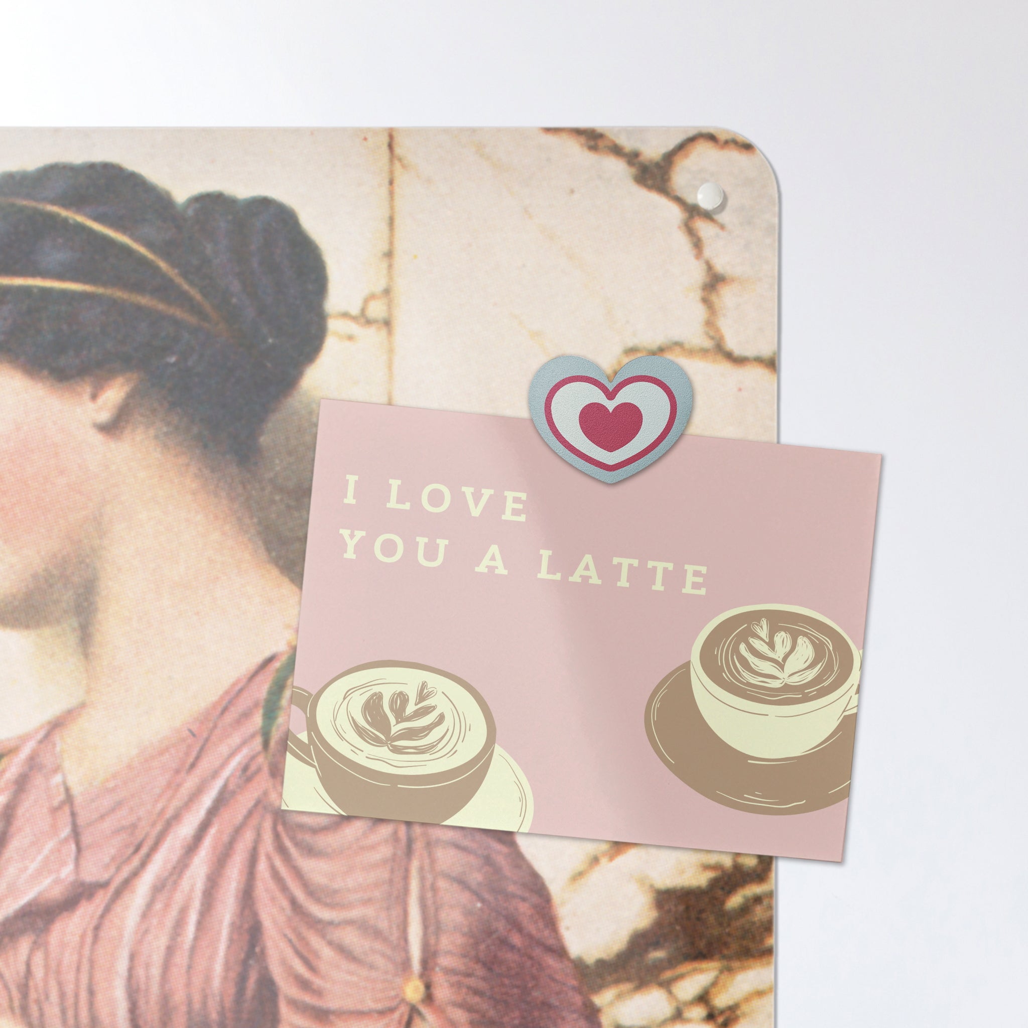 A postcard on a Crytilla magnetic board or metal wall art panel