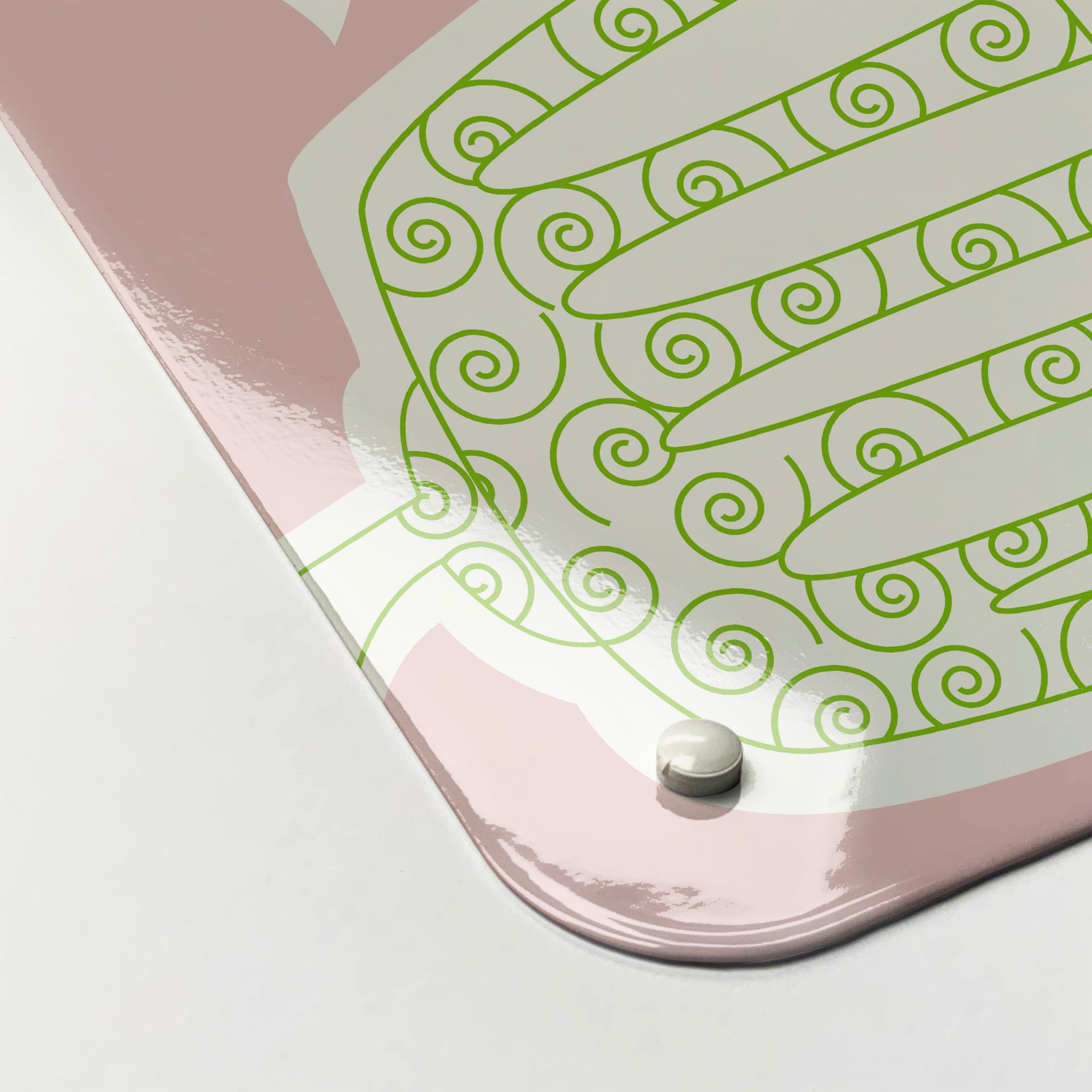 The corner detail of a cupcake plant pink design magnetic board to show it’s high gloss surface